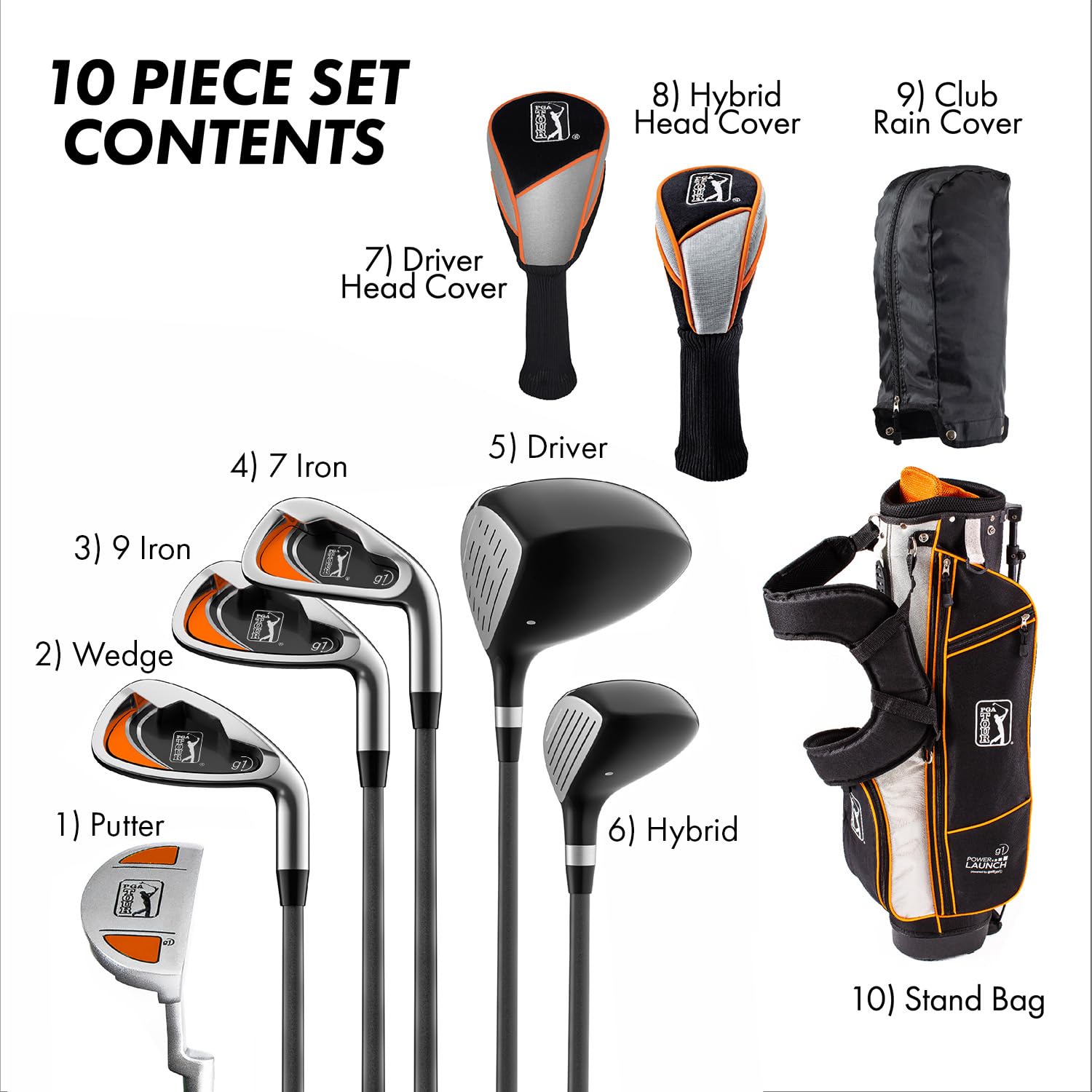PGA Tour Youth Golf Club Set – 10-Piece Right-Handed Kids Golf Set for Ages Ages 12-17 (5’2”-5’10”) – Beginner Junior Golf Clubs with Lightweight Stand Bag, Mallet Putter, Hybrid, Driver by Golfgen