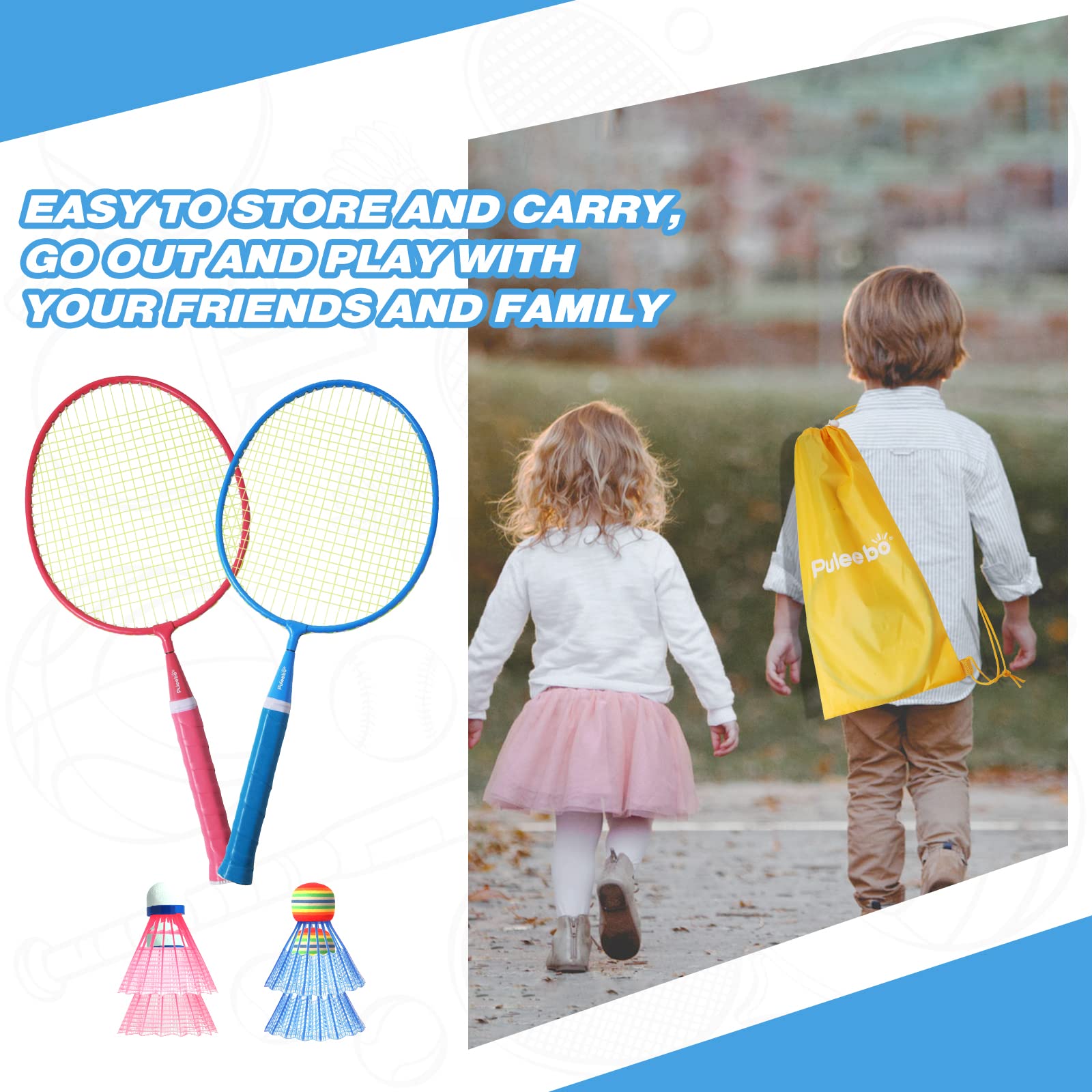 PULEEBO Kids Badminton Racket Set - Children Beginner Family Outdoor Camping Badminton Sport Game Steel Alloy Badminton Racket Including 4 Rackets 8 Shuttlecocks 1 Storage Bag