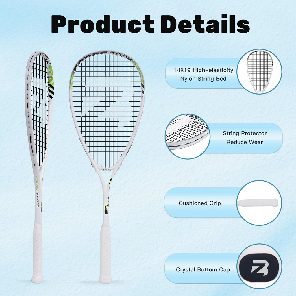 BatZoom Squash Racket for Beginners – Heavy Duty Training Squash Racquet for Adults, Pre-Strung with Comfortable Grip & Shock Absorption - Includes Carrying Bag