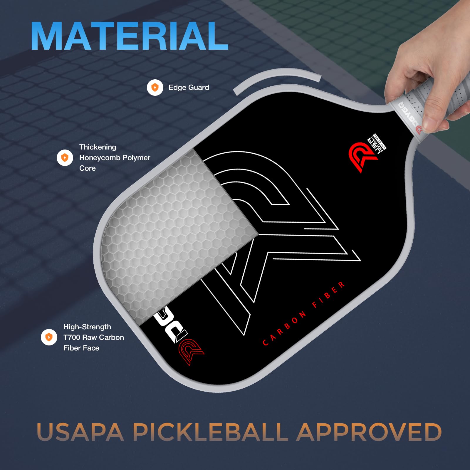 DGYGQ Pickleball Paddles - Professional Carbon Fiber Paddle with Honeycomb Core Pickleball Rackets - Lightweight Precision & Enhanced Shock Absorption for High Spin & Powerful Shots (Grey)