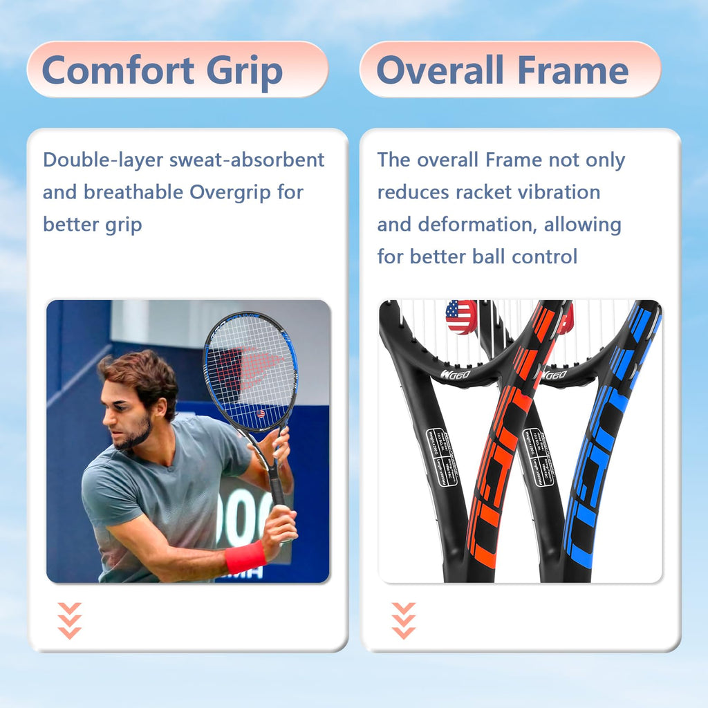 Adult 2 Player Tennis Racket Perfect for Beginner and Professional Players, 27” Speed Tennis Racquet Include Tennis Balls, Overgrips, Tennis Bag, Vibration Dampe, Cover