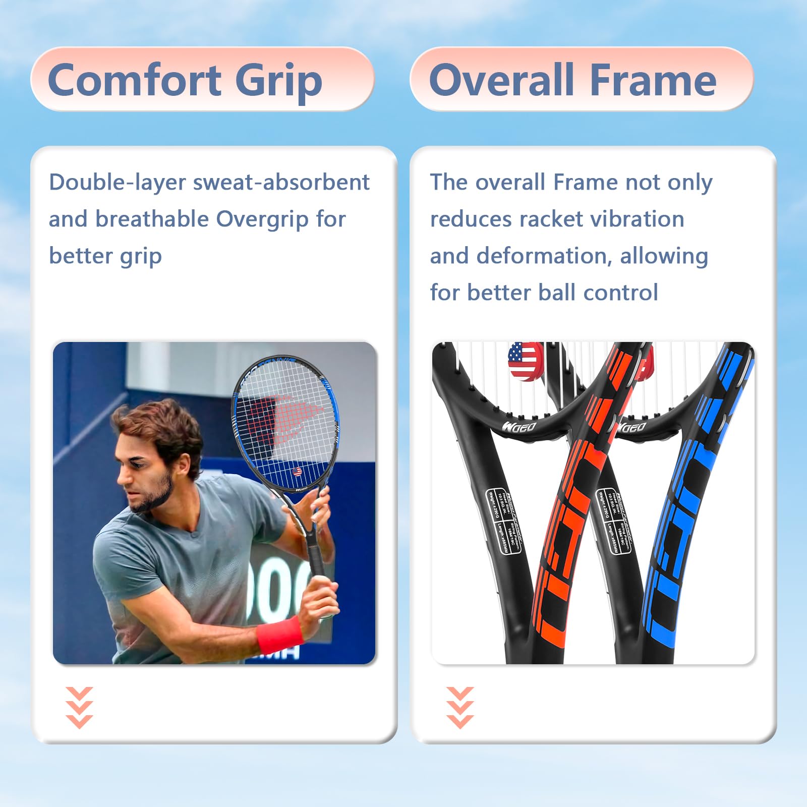 Adult 2 Player Tennis Racket Perfect for Beginner and Professional Players, 27” Speed Tennis Racquet Include Tennis Balls, Overgrips, Tennis Bag, Vibration Dampe, Cover