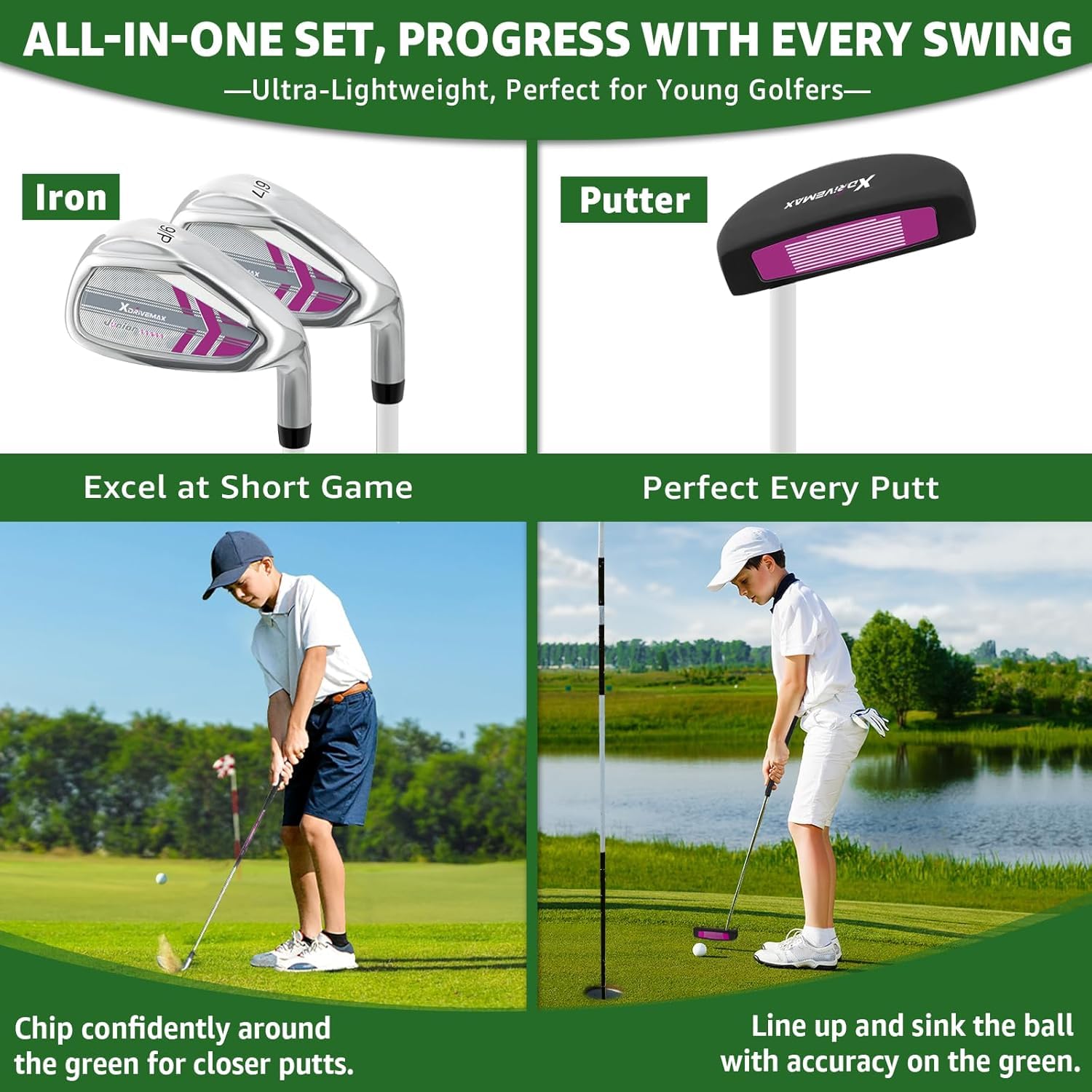 6 Pieces Kids Golf Club Set, Junior Golf Club Set Ages 4-12 Includes Stand Bag, 1# Drive, 5# Hybrid, 6/7#, 9/P# Irons and Putter Right Hand for Boys Girls,Magenta,6-10 Ages