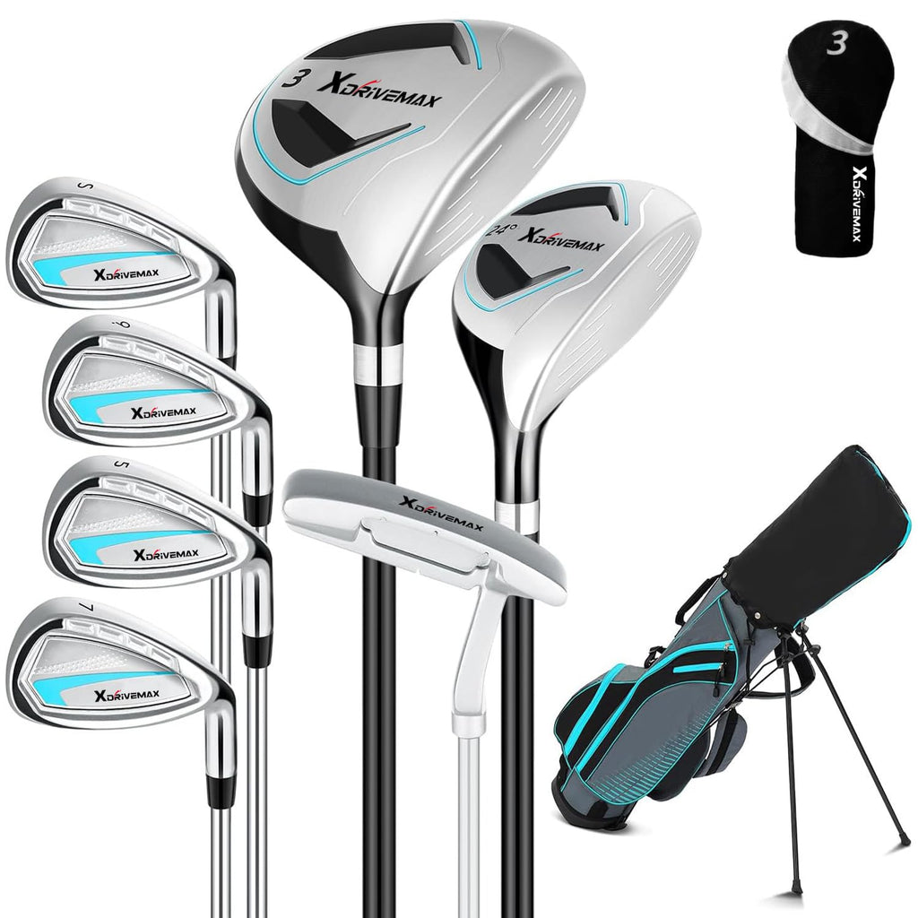 XDriveMax 8-Piece Right Hand Complete Golf Club Set for Men & Women: Wood, Hybrid, Irons, Putter & Bag - Beginner Friendly, High Distance & Accuracy,Right,Light Blue