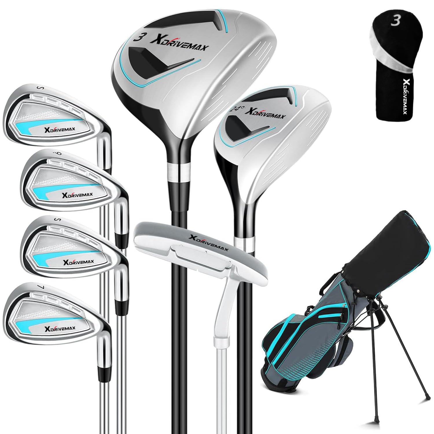 XDriveMax 8-Piece Right Hand Complete Golf Club Set for Men & Women: Wood, Hybrid, Irons, Putter & Bag - Beginner Friendly, High Distance & Accuracy,Right,Light Blue