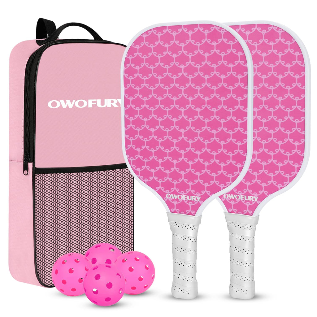OWOFURY Pickleball Paddles Set of 2, Fiberglass Surface Pickleball Rackets Lightweight Honeycomb Core with 4 Outdoor Indoor Balls and Bag for Men Women Cute Pink