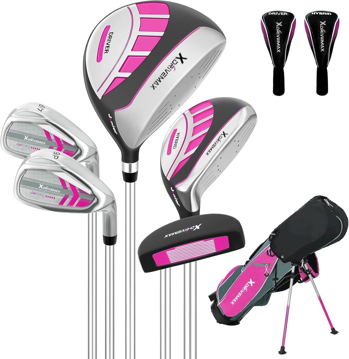 6 Pieces Kids Golf Club Set, Junior Golf Club Set Ages 4-12 Includes Stand Bag, 1# Drive, 5# Hybrid, 6/7#, 9/P# Irons and Putter Right Hand for Boys Girls,Magenta,6-10 Ages