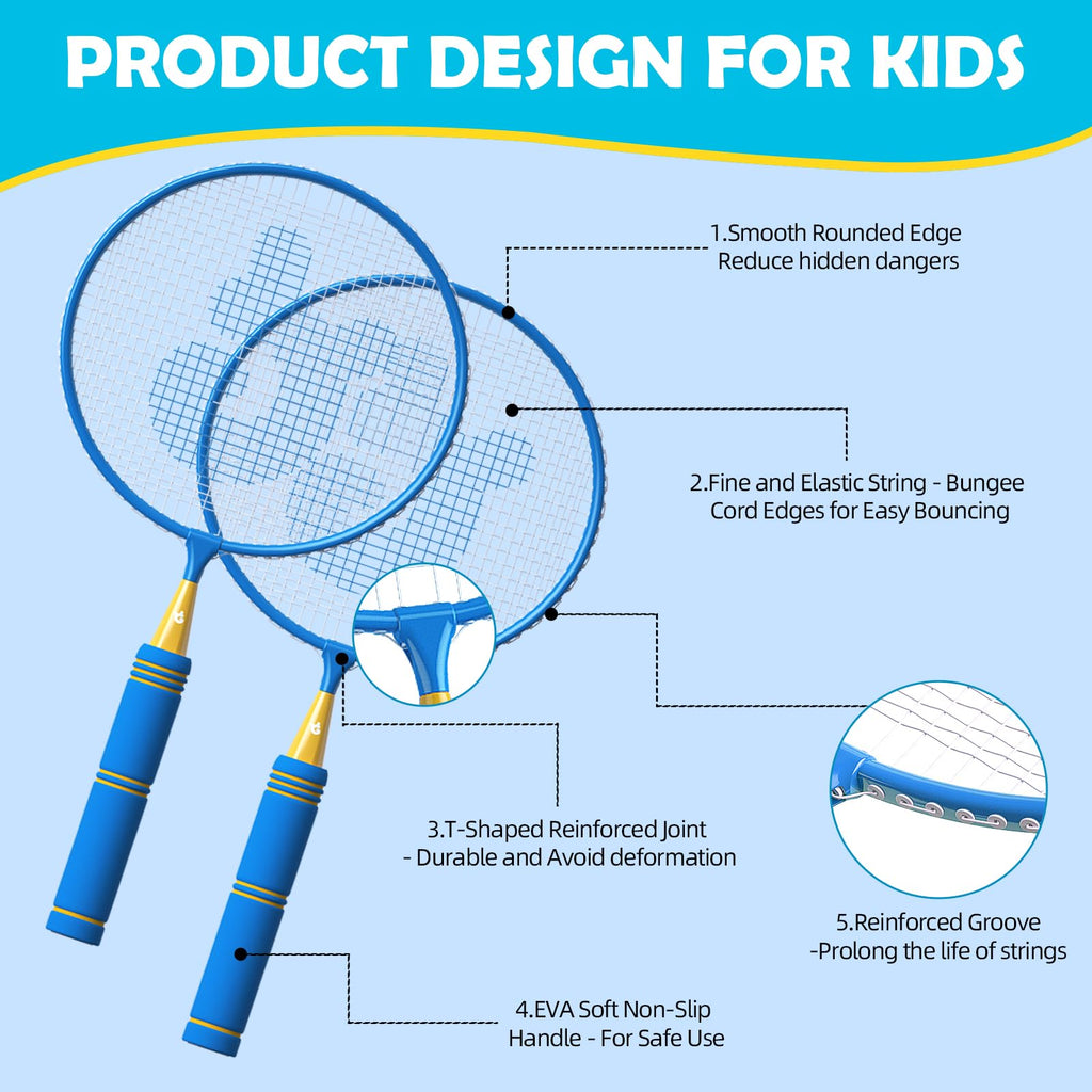 Kids Badminton Rackets Set with Soft Grip, Oversize & Lightweight Racquet
