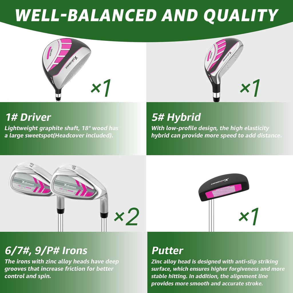 6 Pieces Kids Golf Club Set, Junior Golf Club Set Ages 4-12 Includes Stand Bag, 1# Drive, 5# Hybrid, 6/7#, 9/P# Irons and Putter Right Hand for Boys Girls,Magenta,6-10 Ages