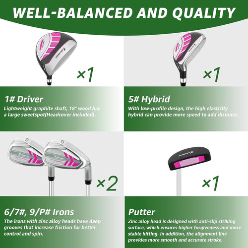 6 Pieces Kids Golf Club Set, Junior Golf Club Set Ages 4-12 Includes Stand Bag, 1# Drive, 5# Hybrid, 6/7#, 9/P# Irons and Putter Right Hand for Boys Girls,Magenta,6-10 Ages