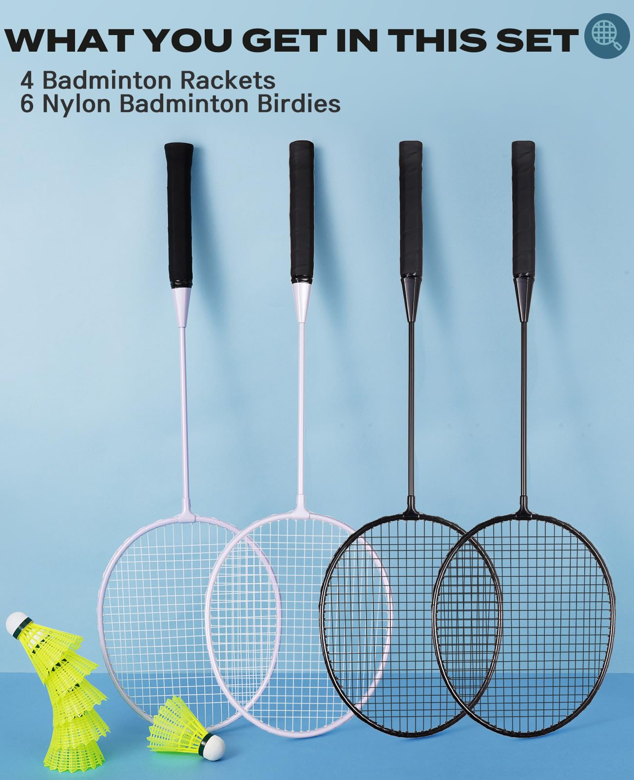 AboveGenius Lightweight Badminton Set, 4 Rackets with 6 Nylon Birdies