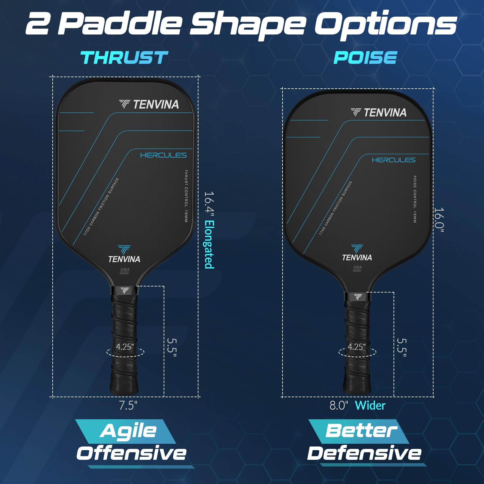 TENVINA Pickleball Paddles, Multi-Layer T700SC Textured Carbon Fiber Pickleball Paddle, 4-Types of Shapes and Thicknesses, Strong Spin & Power Surface, USAPA Approved Pickle Ball Paddle
