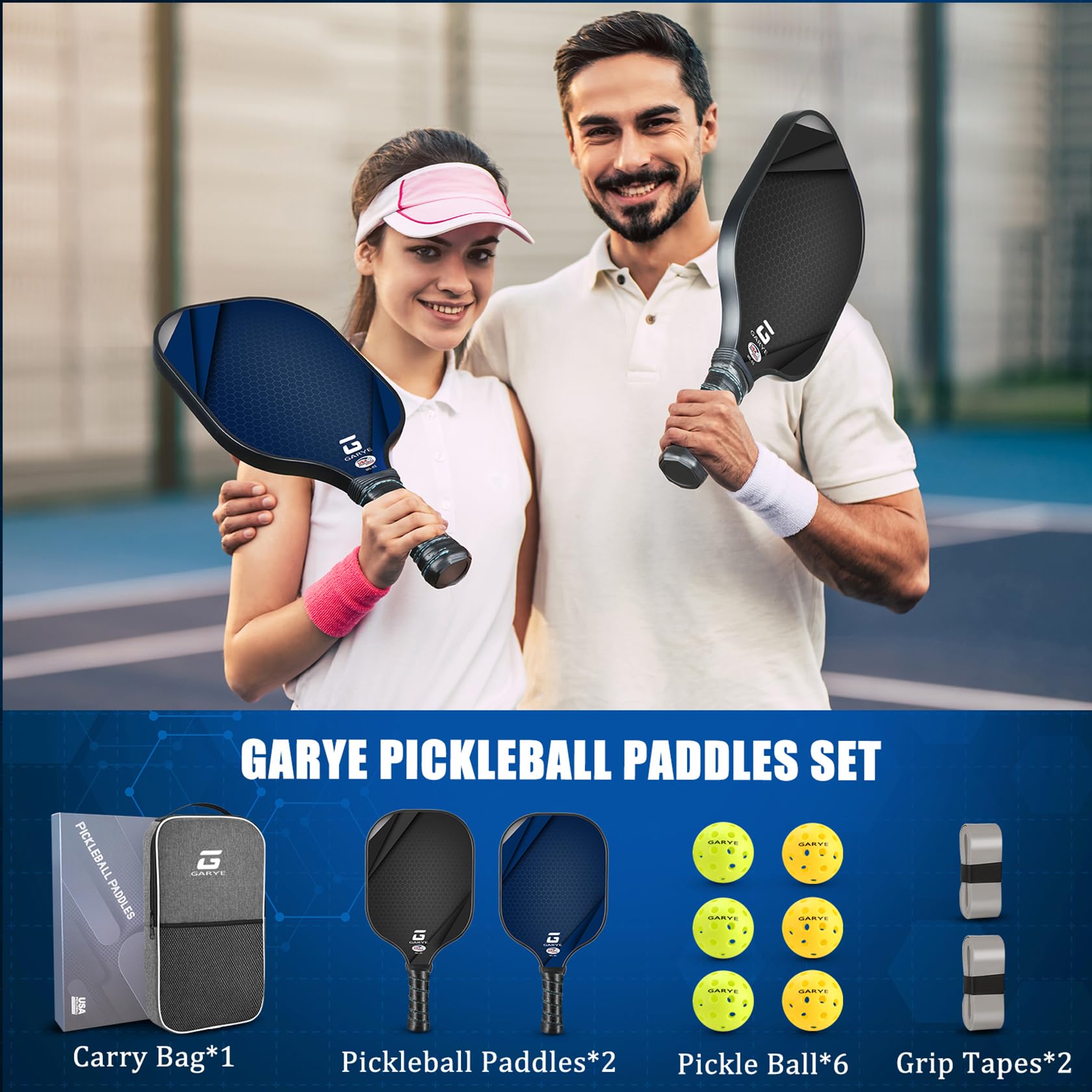 GARYE Pickleball Paddles Set of 2/4, USAPA Approved Carbon Fiber Pickleball Set, Lightweight Pickle Ball Rackets 2/4 Pack with 6 Balls, 1 Bag, Pair of Grip Tapes, Pickle Ball Paddle for Men and Women