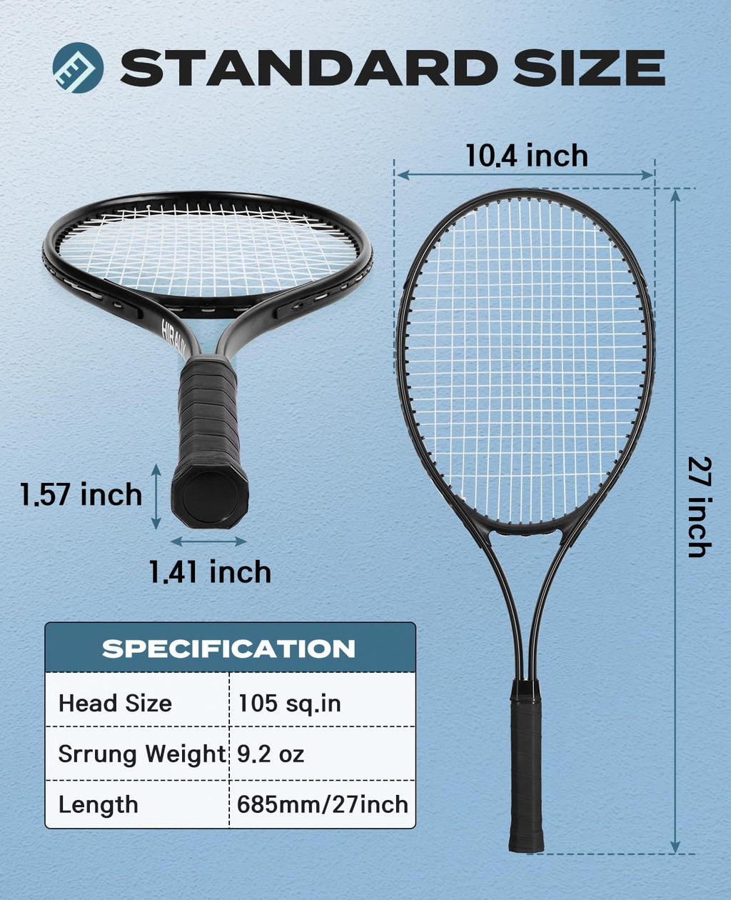 HIRALIY 27-Inch Tennis Rackets, 2 Pack with Balls, Overgrips and Bag, Black