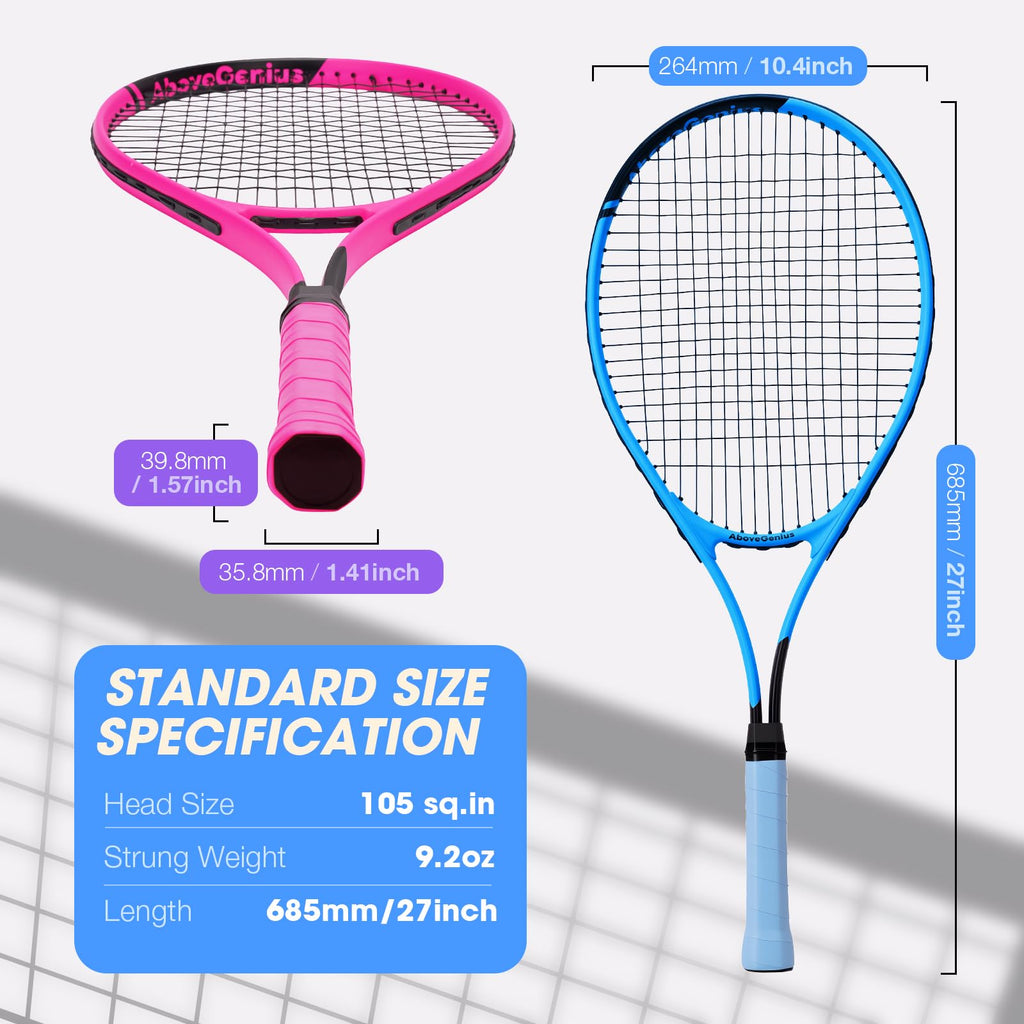 AboveGenius 27-Inch Tennis Rackets, 2 Pack with Balls and Bag, Blue/Pink