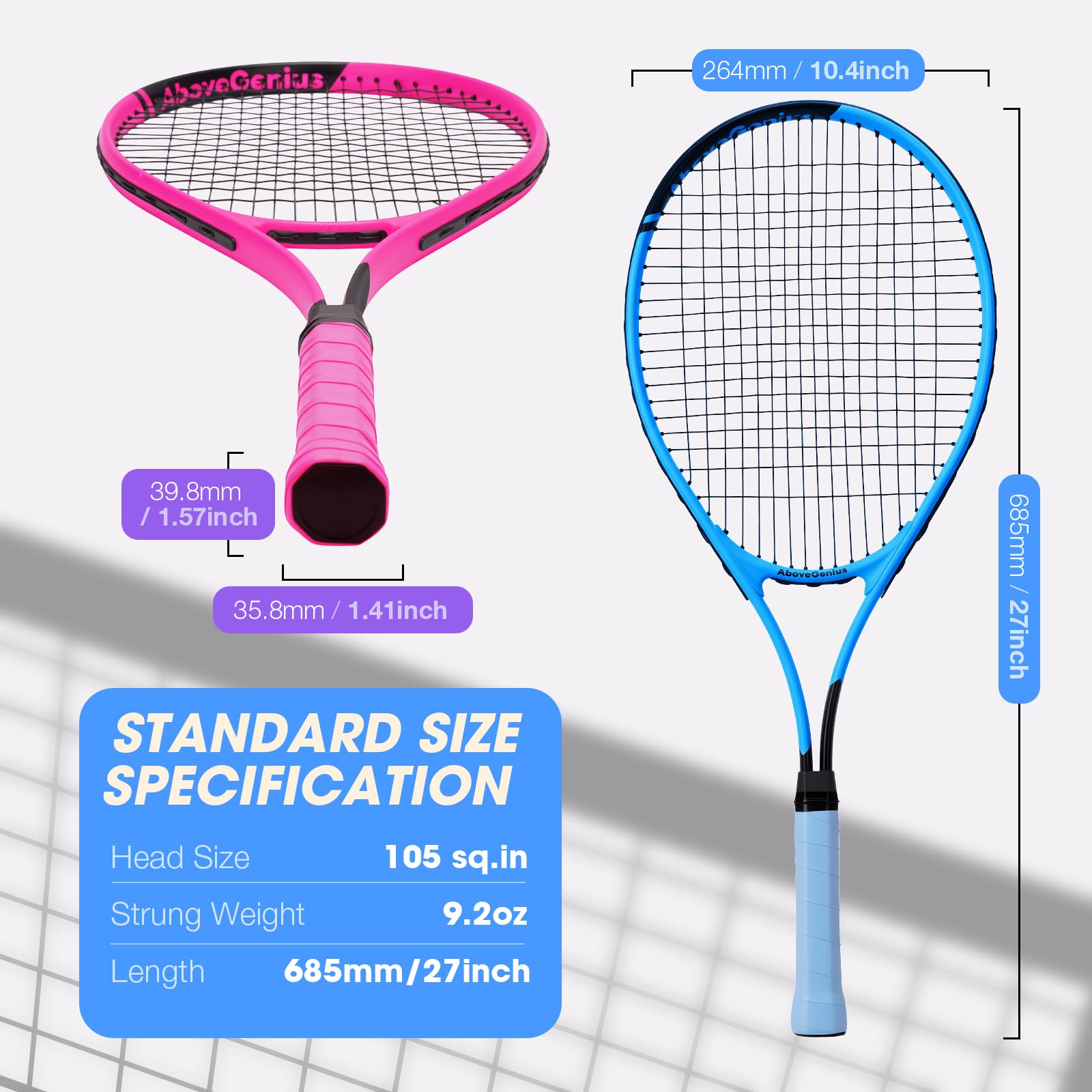AboveGenius 27-Inch Tennis Rackets, 2 Pack with Balls and Bag, Blue/Pink