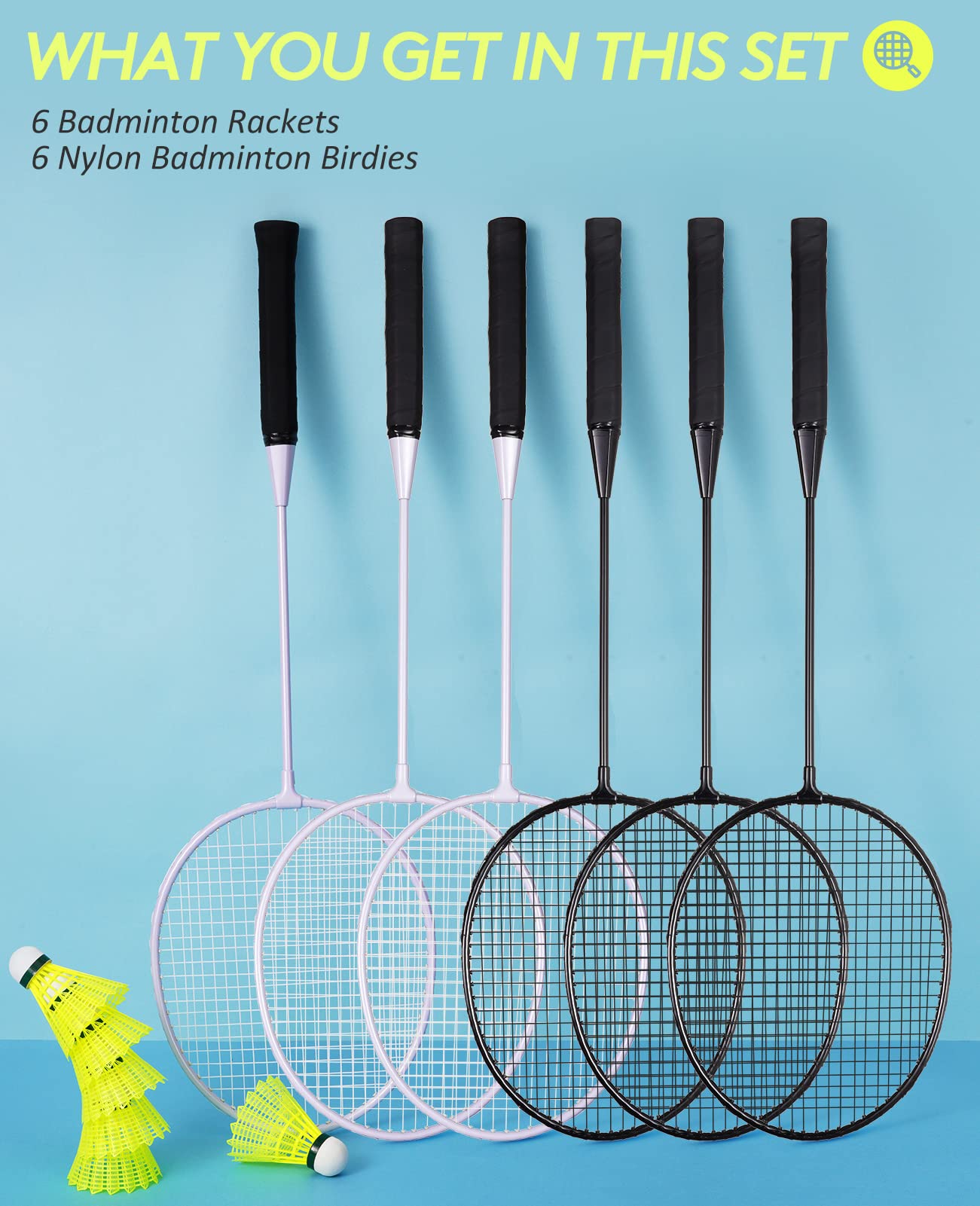 AboveGenius Badminton Rackets Set of 6 for Outdoor Backyard Games, Including 6 Rackets, 6 Nylon Badminton Shuttlecocks, Lightweight Badminton Racquets for Beginners