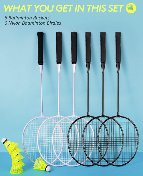AboveGenius Badminton Rackets Set of 6 for Outdoor Backyard Games, Including 6 Rackets, 6 Nylon Badminton Shuttlecocks, Lightweight Badminton Racquets for Beginners