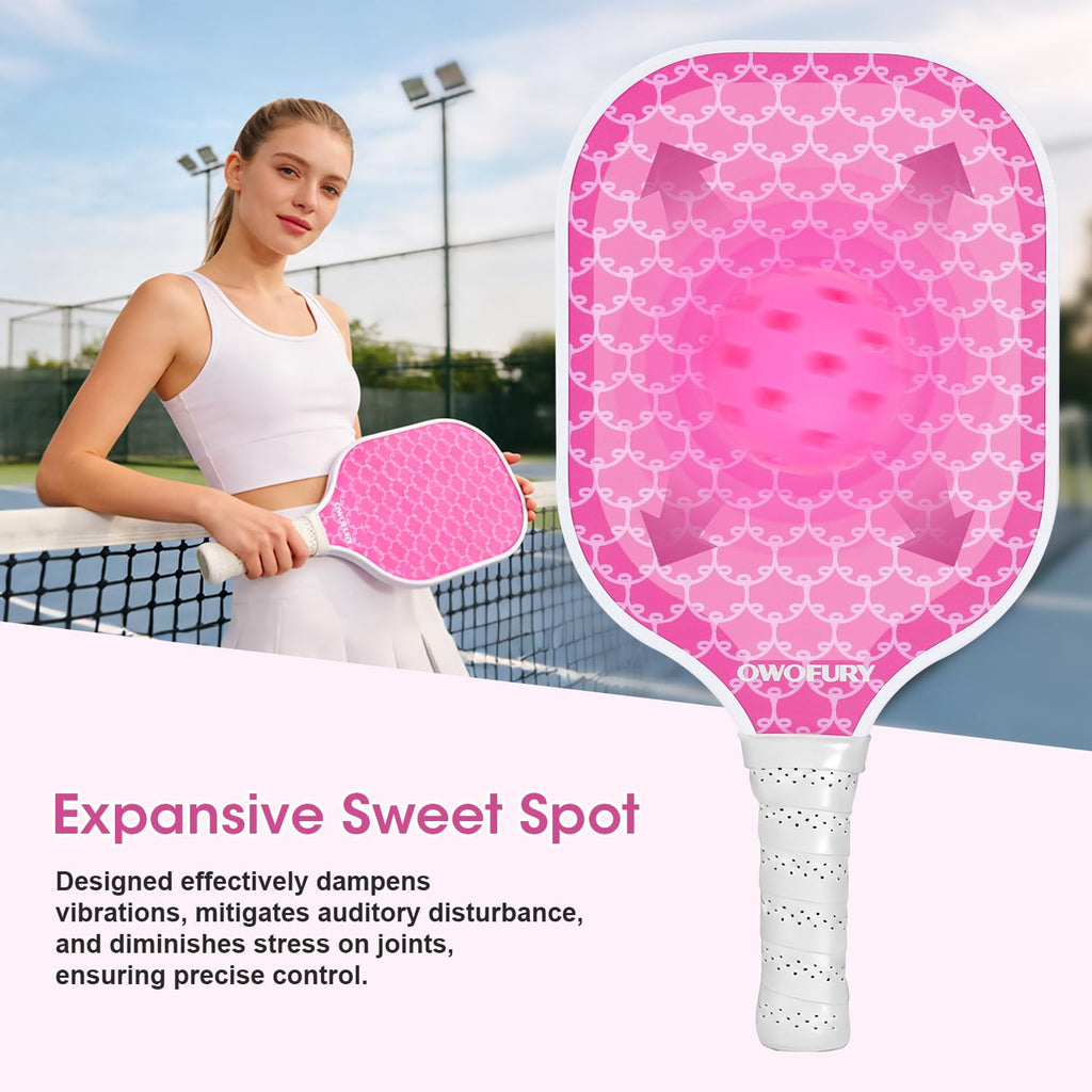 OWOFURY Pickleball Paddles Set of 2, Fiberglass Surface Pickleball Rackets Lightweight Honeycomb Core with 4 Outdoor Indoor Balls and Bag for Men Women Cute Pink