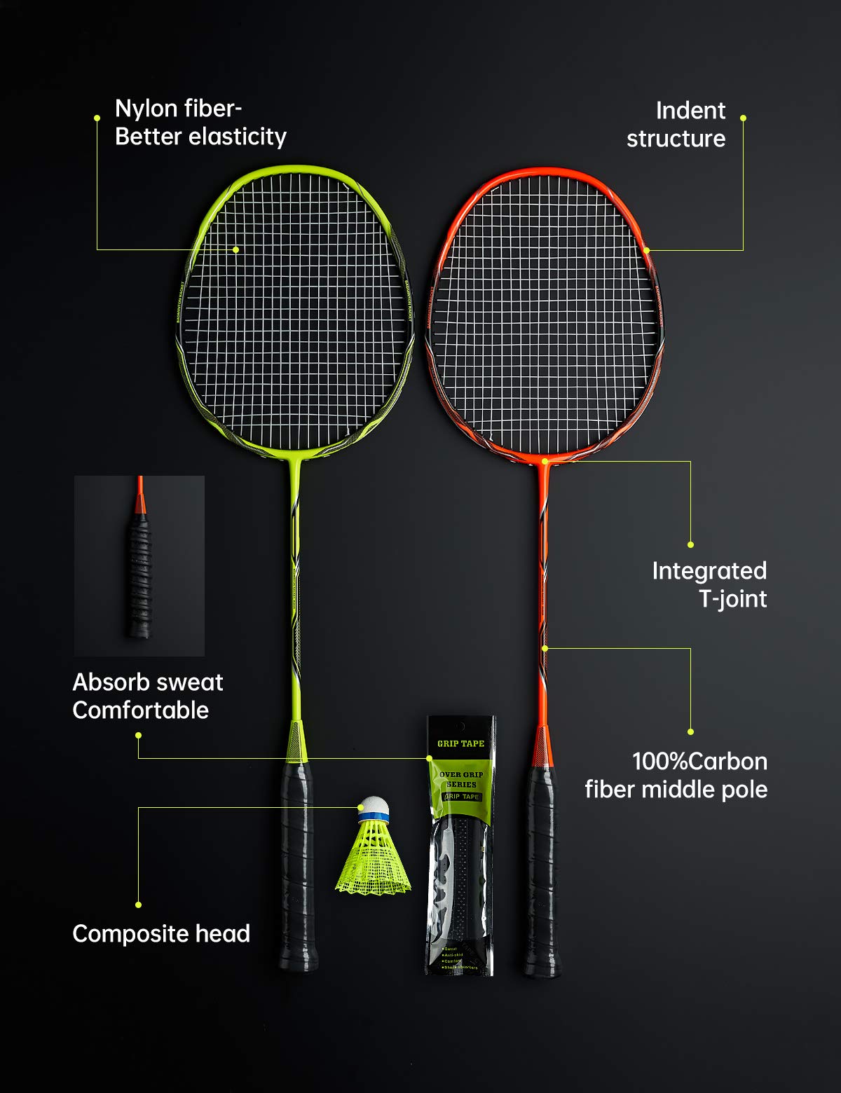 WOED BATENS -2 Player Badminton Set, Carbon Fiber Badminton Rackets Badminton Racquet for Backyards Gym with 3 Shuttlecocks 2 Grip Tape and 1 Badminton Bag, Yellow Orange