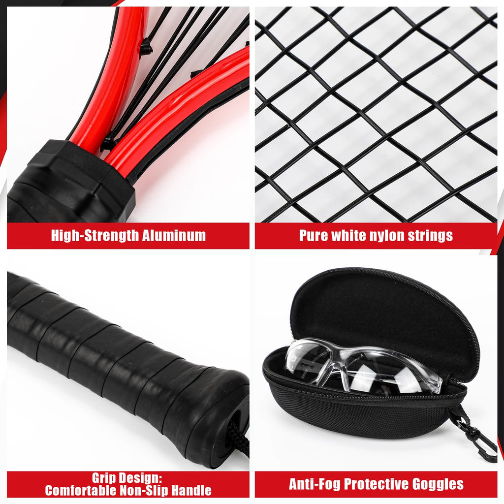 Seenelling Racquetball Racket Set of 2 with Carry Bag, 2 Anti Fog Sports Goggles and 2 Racquetballs, Aluminum Racquetball Starter Set for Beginners Indoor Court Play (Red)