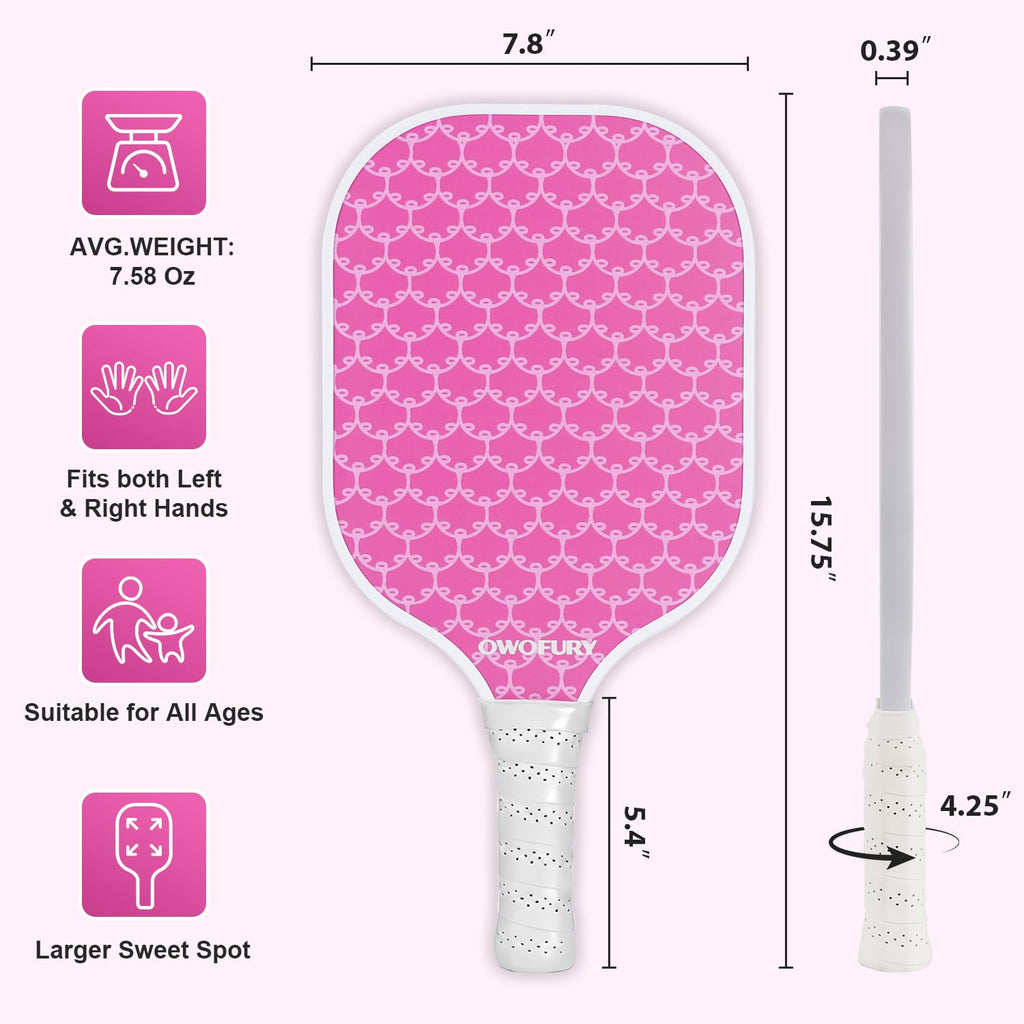 OWOFURY Pickleball Paddles Set of 2, Fiberglass Surface Pickleball Rackets Lightweight Honeycomb Core with 4 Outdoor Indoor Balls and Bag for Men Women Cute Pink