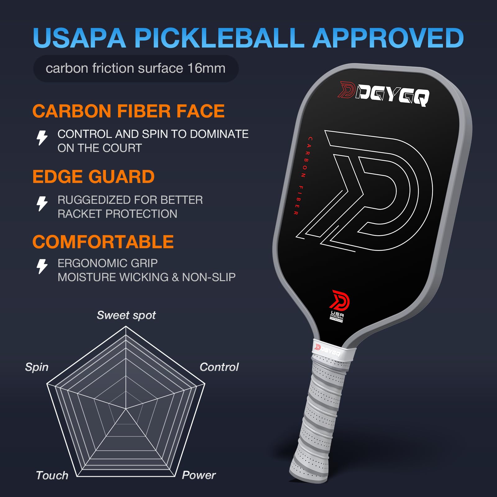 DGYGQ Pickleball Paddles - Professional Carbon Fiber Paddle with Honeycomb Core Pickleball Rackets - Lightweight Precision & Enhanced Shock Absorption for High Spin & Powerful Shots (Grey)