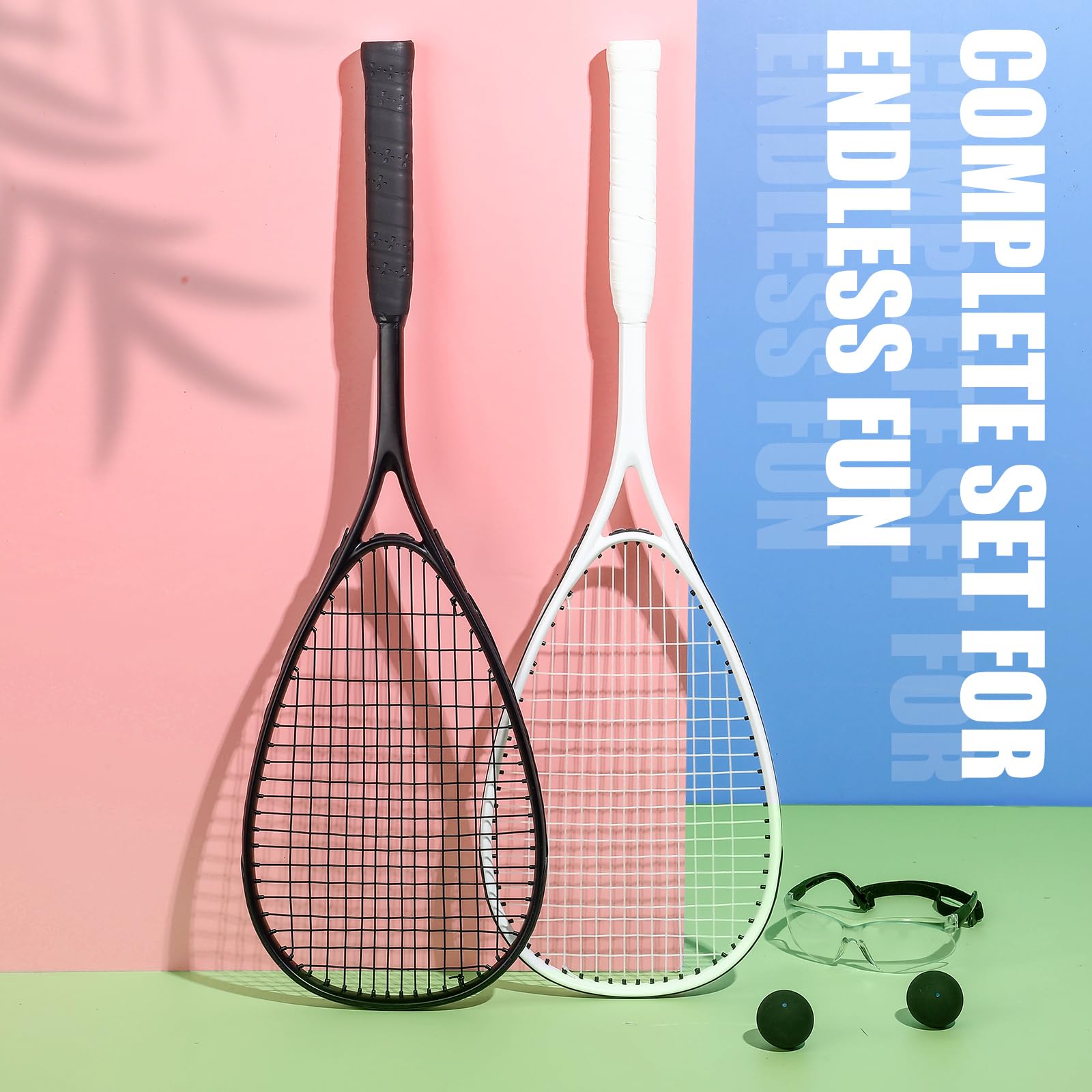 Seenelling 2 Pack Beginner Squash Racquet Set Includes 2 Racquets with Racket Bags 2 Anti Fog Goggles with Cases and 2 Blue Dot Squash Ball for Beginners Training Recreational Play(Black, White)