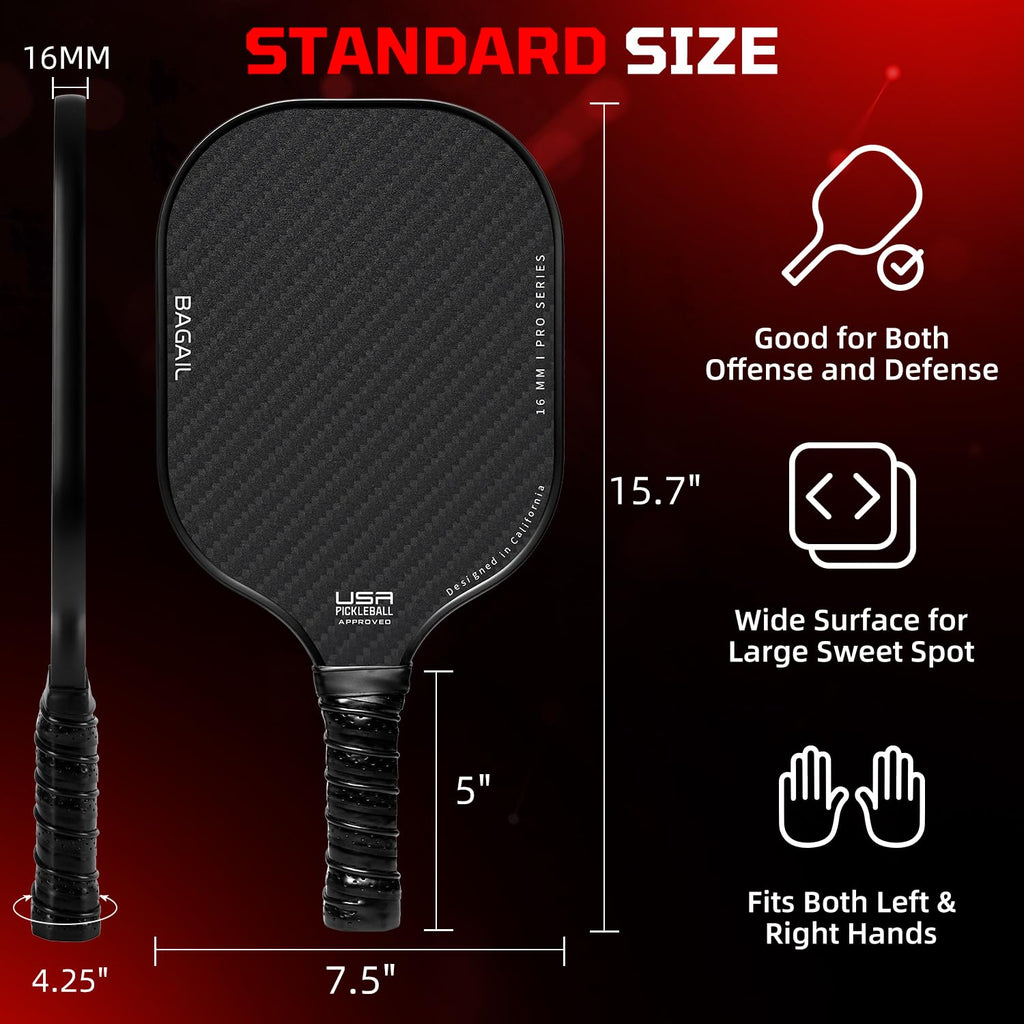 BAGAIL Pickleball Paddles, USAPA Approved Fiberglass Surface Pickleball Set, Lightweight Pickle Ball Rackets with 4 Balls, 1 Bag, Designed in California for Traction and Stability - 2 Pack, Black