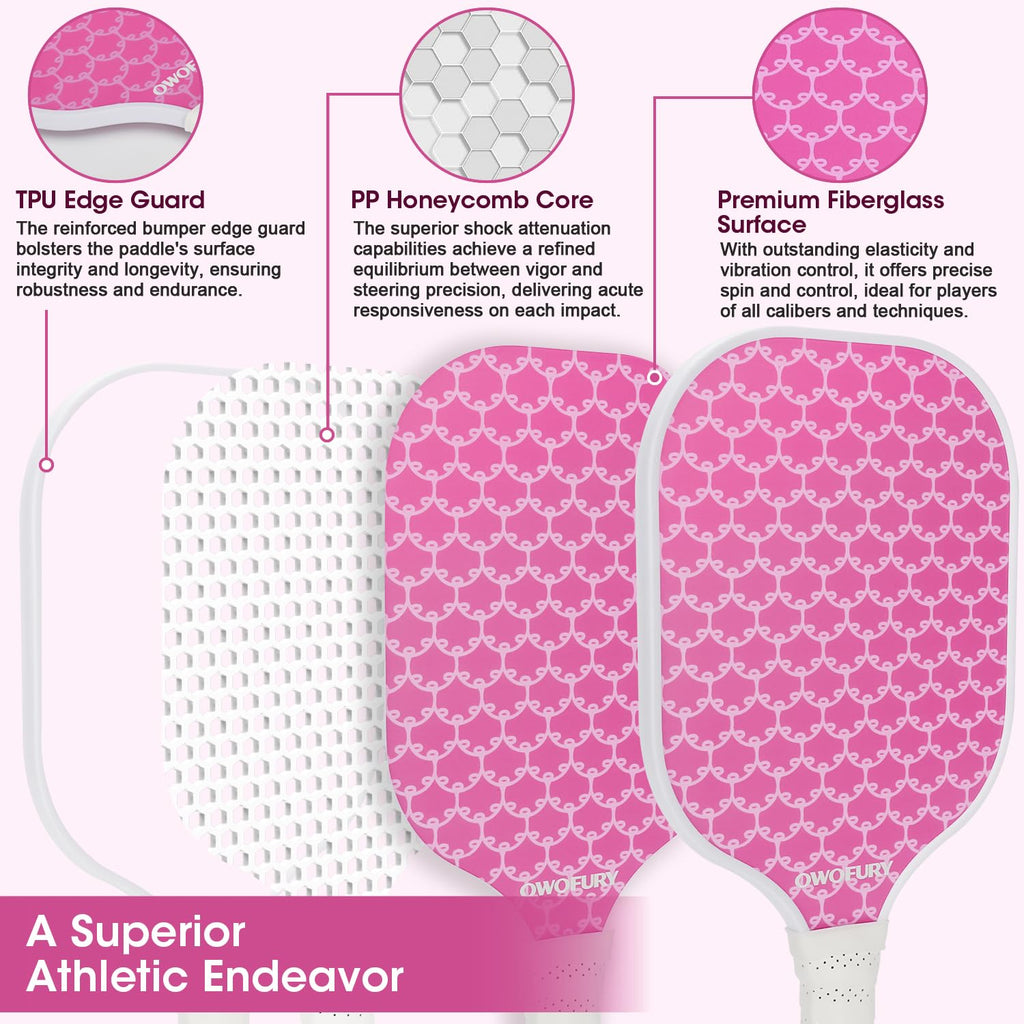 OWOFURY Pickleball Paddles Set of 2, Fiberglass Surface Pickleball Rackets Lightweight Honeycomb Core with 4 Outdoor Indoor Balls and Bag for Men Women Cute Pink