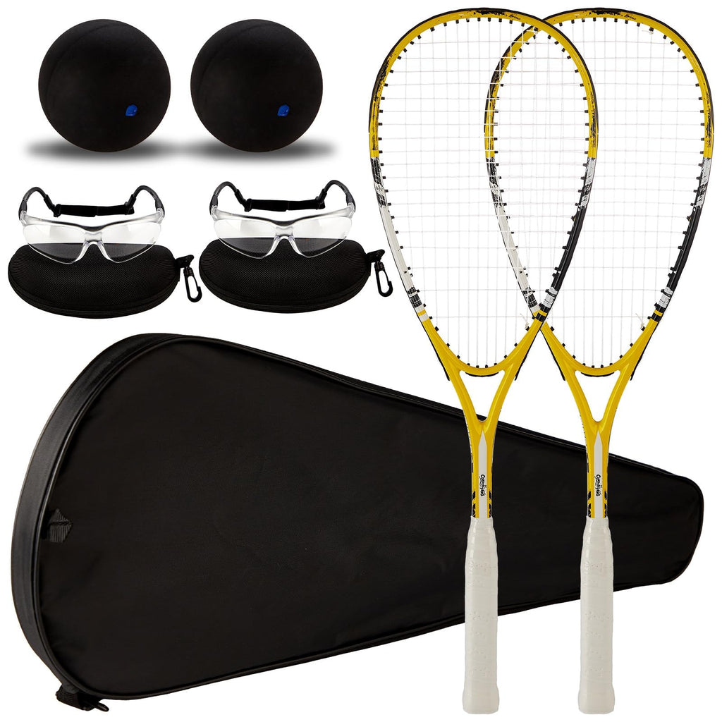 Conderyang 2 Pack Beginner Squash Racquet Set Includes Racquets with Racket Bags Anti Fog Goggles Cases Blue Dot Ball Indoor Gym Sports for Beginners Novice Training Recreational Play (Yellow)