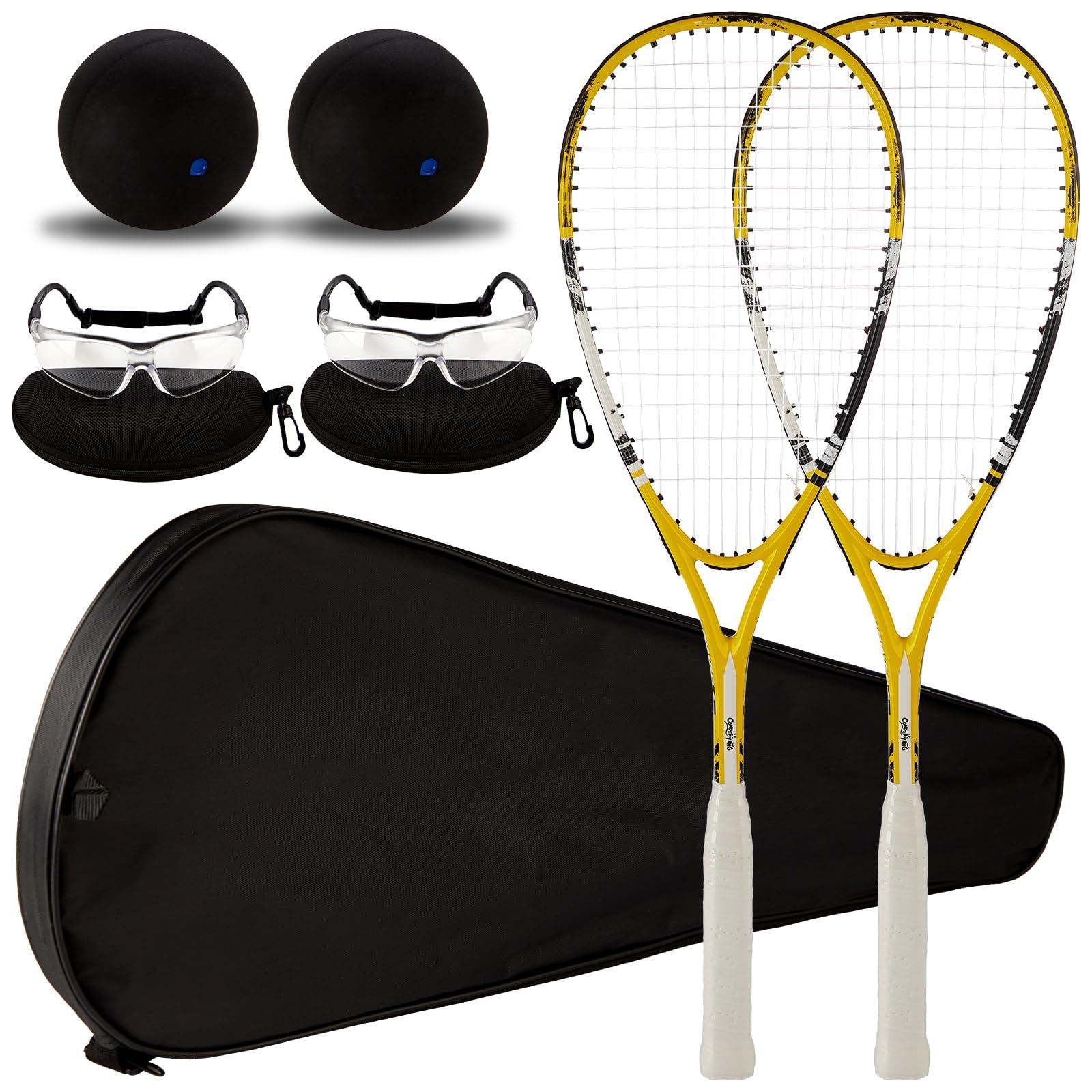 Conderyang 2 Pack Beginner Squash Racquet Set Includes Racquets with Racket Bags Anti Fog Goggles Cases Blue Dot Ball Indoor Gym Sports for Beginners Novice Training Recreational Play (Yellow)