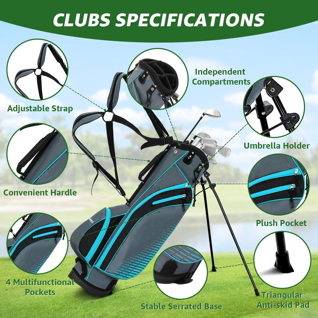 XDriveMax 8-Piece Right Hand Complete Golf Club Set for Men & Women: Wood, Hybrid, Irons, Putter & Bag - Beginner Friendly, High Distance & Accuracy,Right,Light Blue
