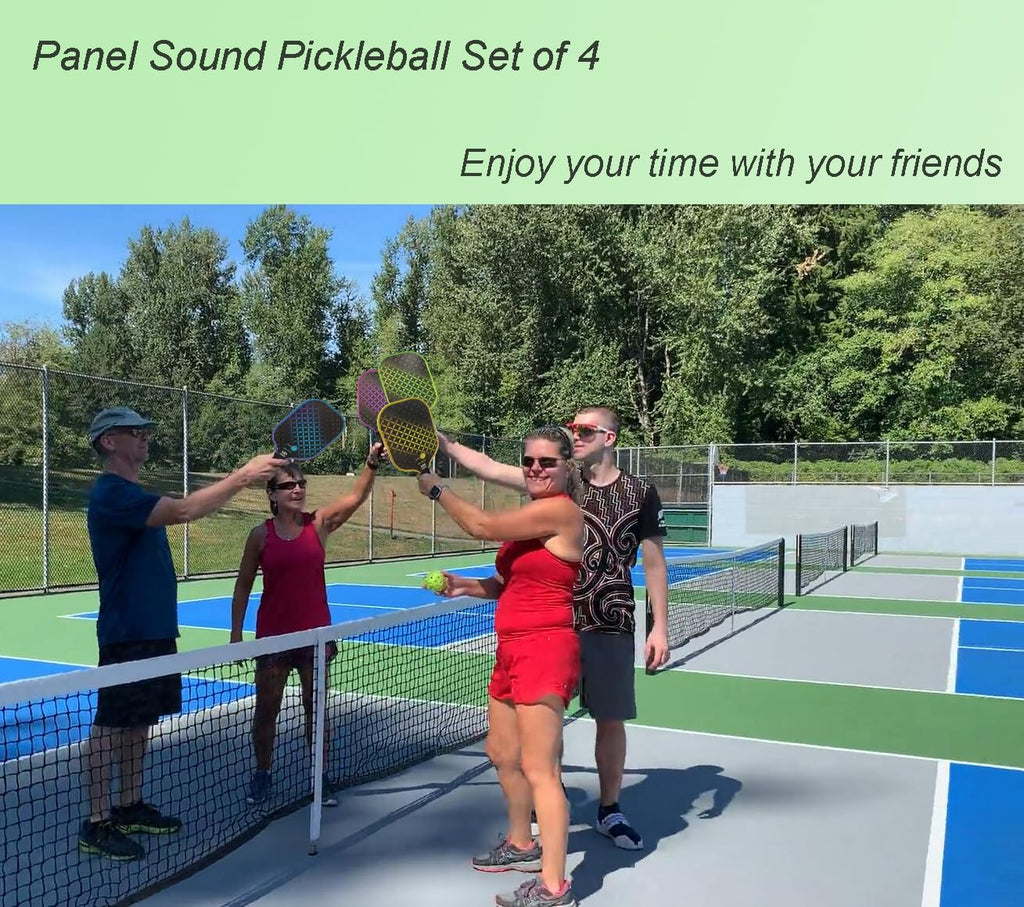 Panel Sound Pickleball Paddles Set of 4, 4 Fiberglass Pickleball Rackets, Pickleball Racquets 4 Pack with 1 Carrying Case & 4 Outdoor Balls
