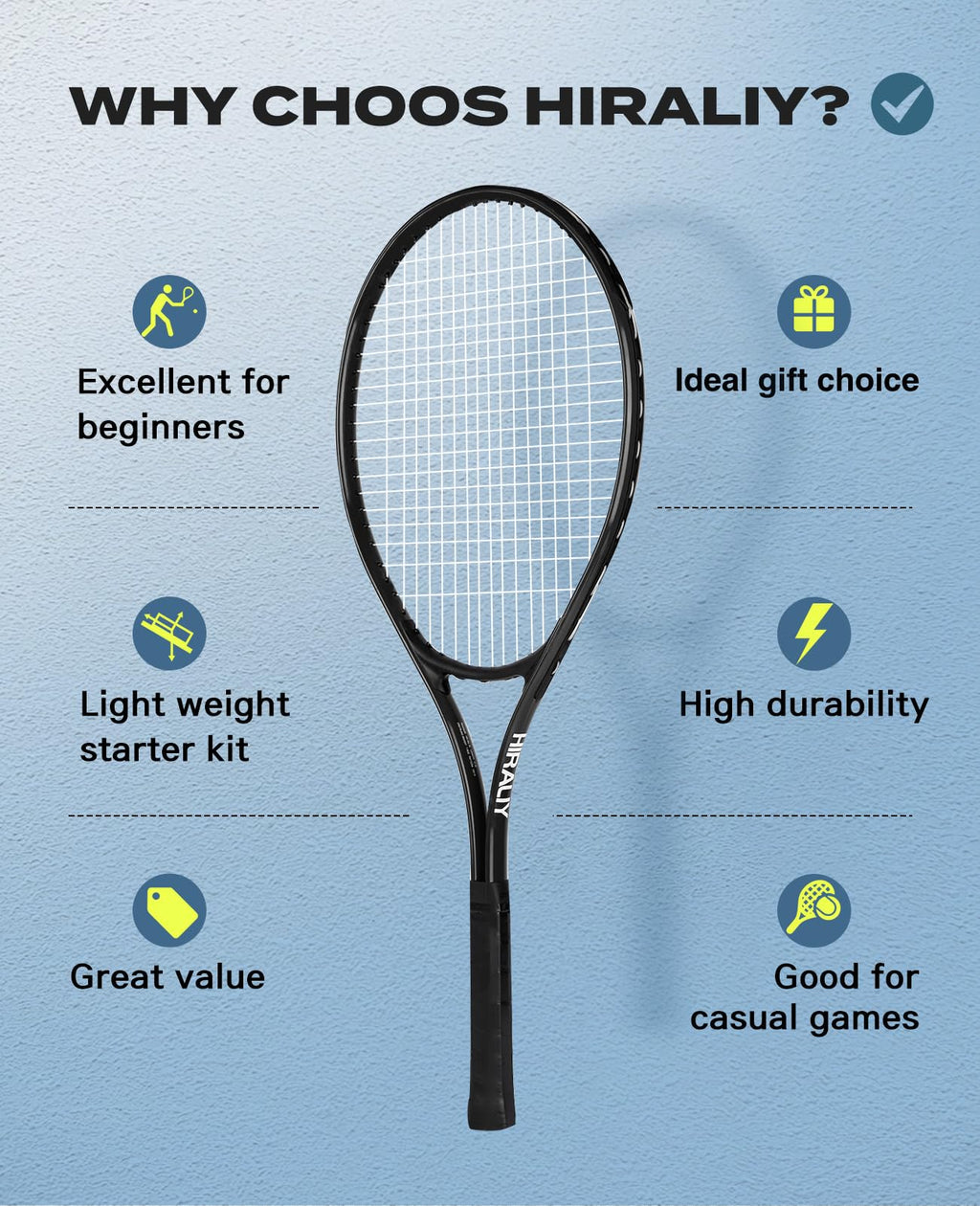 HIRALIY 27-Inch Tennis Rackets, 2 Pack with Balls, Overgrips and Bag, Black