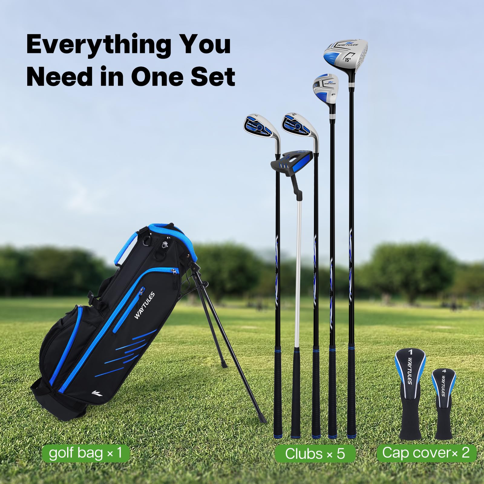 Kids Golf Clubs Set 7 Pieces for Boys & Girls Ages 6-8, Junior Golf Set with Stand Bag, Driver, Hybrid, Irons & Putter, Youth Golf Club Set Right Handed(Blue)