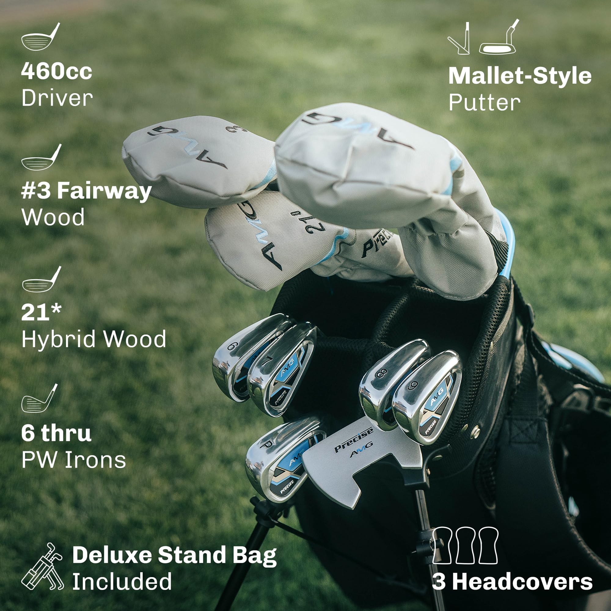 Precise AMG Ladies Complete Right Handed Golf Club Set | Complete Regular & Petite Womens Golf Clubs Set | w/ 3 HC's, Lightweight Shafts & Spacious Stand Bag w/Storage Pockets & Dual Carrying Straps