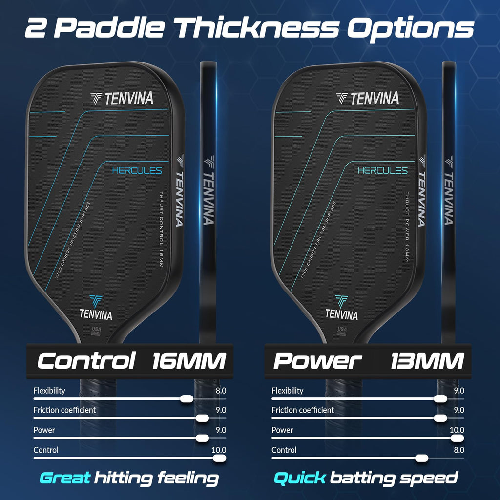 TENVINA Pickleball Paddles, Multi-Layer T700SC Textured Carbon Fiber Pickleball Paddle, 4-Types of Shapes and Thicknesses, Strong Spin & Power Surface, USAPA Approved Pickle Ball Paddle