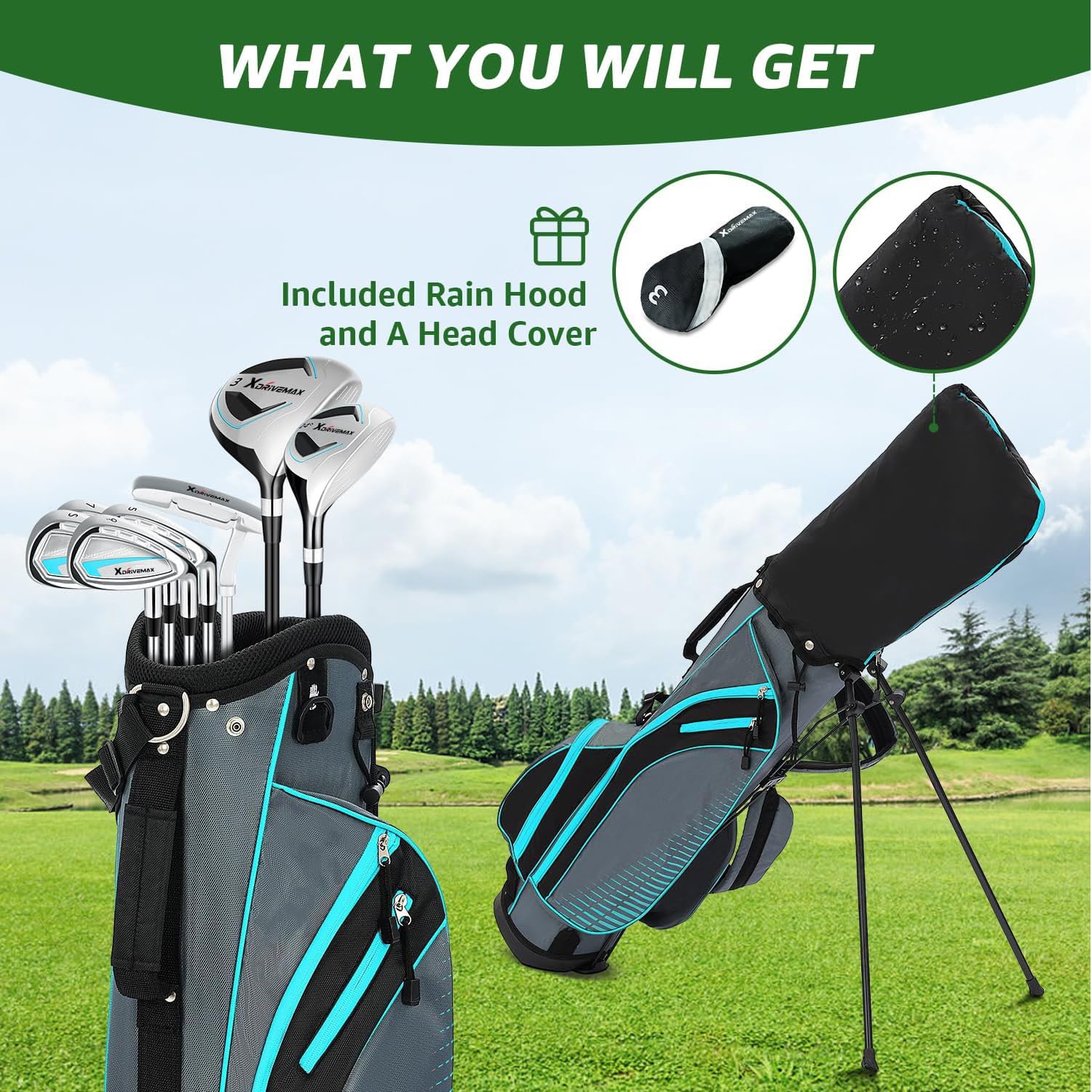 XDriveMax 8-Piece Right Hand Complete Golf Club Set for Men & Women: Wood, Hybrid, Irons, Putter & Bag - Beginner Friendly, High Distance & Accuracy,Right,Light Blue