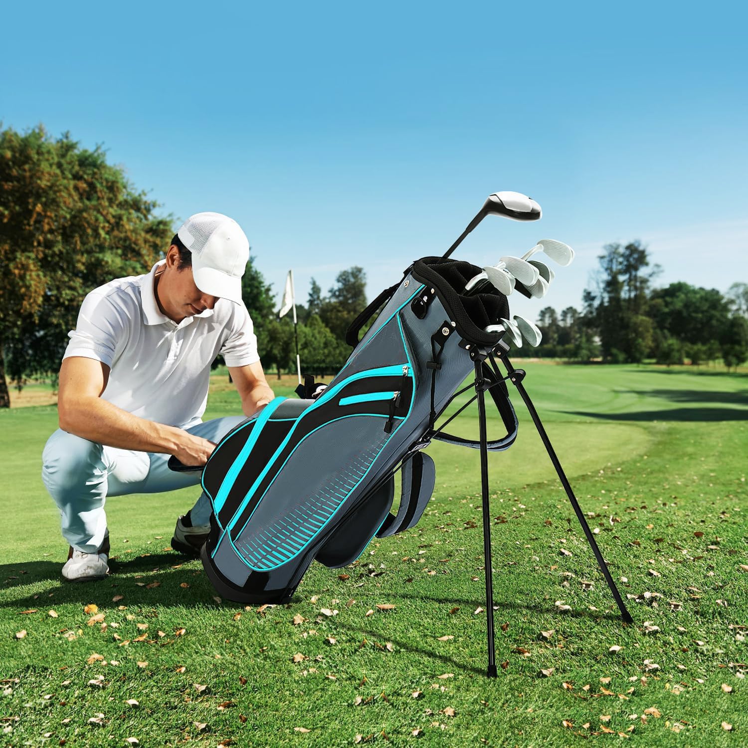 XDriveMax 8-Piece Right Hand Complete Golf Club Set for Men & Women: Wood, Hybrid, Irons, Putter & Bag - Beginner Friendly, High Distance & Accuracy,Right,Light Blue