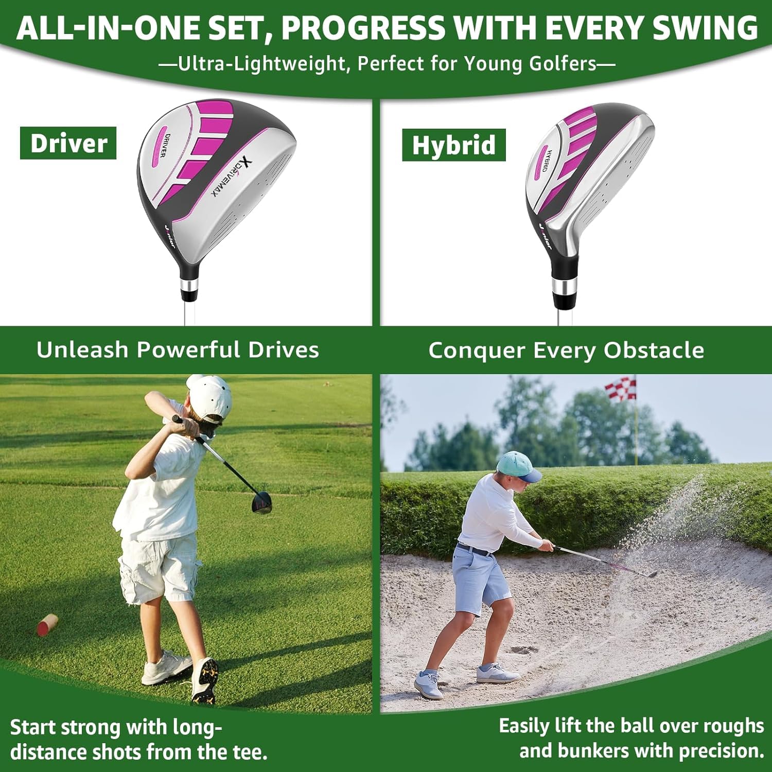 6 Pieces Kids Golf Club Set, Junior Golf Club Set Ages 4-12 Includes Stand Bag, 1# Drive, 5# Hybrid, 6/7#, 9/P# Irons and Putter Right Hand for Boys Girls,Magenta,6-10 Ages