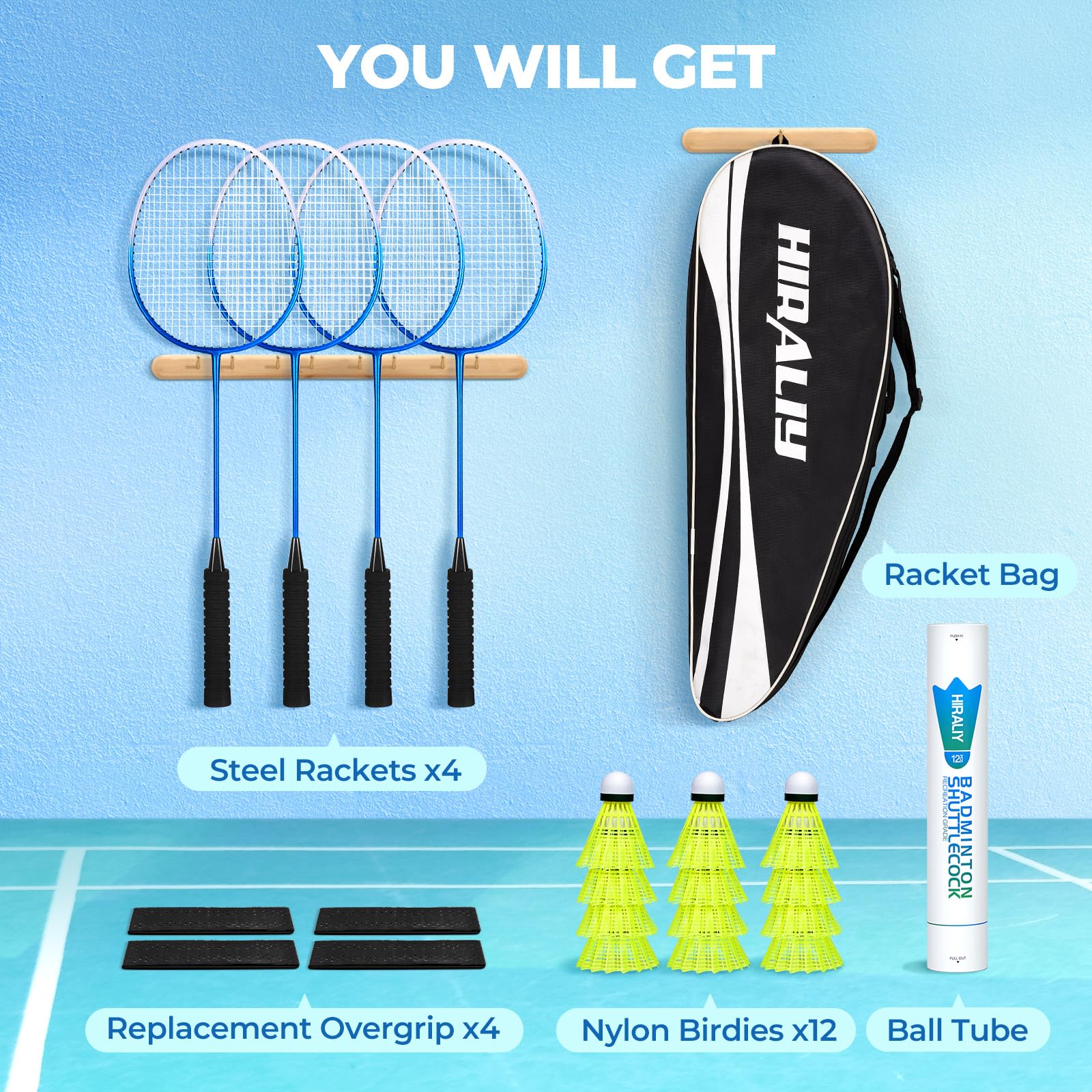 HIRALIY Badminton Set, 4 Rackets, 12 Birdies, 1 Carrying Bag, 4 Grip Tapes