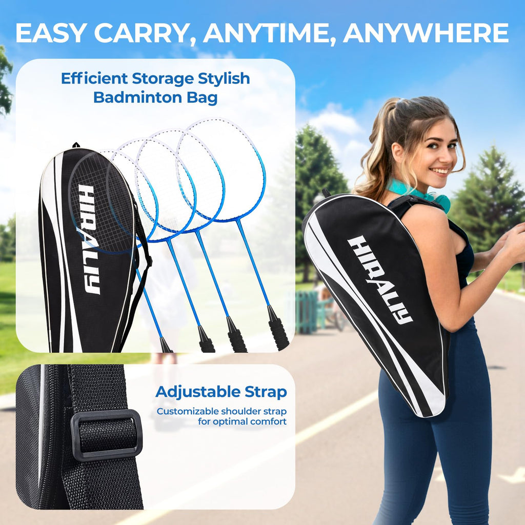 HIRALIY Badminton Set, 4 Rackets, 12 Birdies, 1 Carrying Bag, 4 Grip Tapes