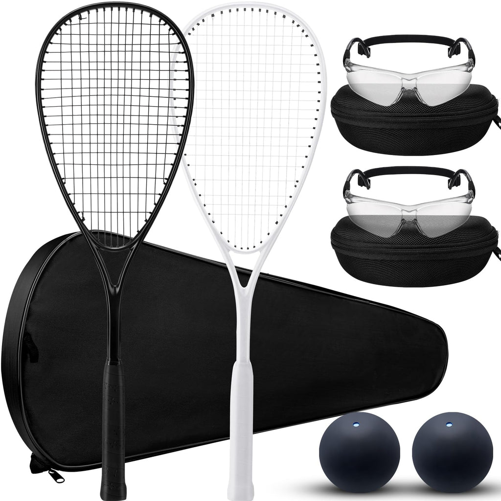 Seenelling 2 Pack Beginner Squash Racquet Set Includes 2 Racquets with Racket Bags 2 Anti Fog Goggles with Cases and 2 Blue Dot Squash Ball for Beginners Training Recreational Play(Black, White)