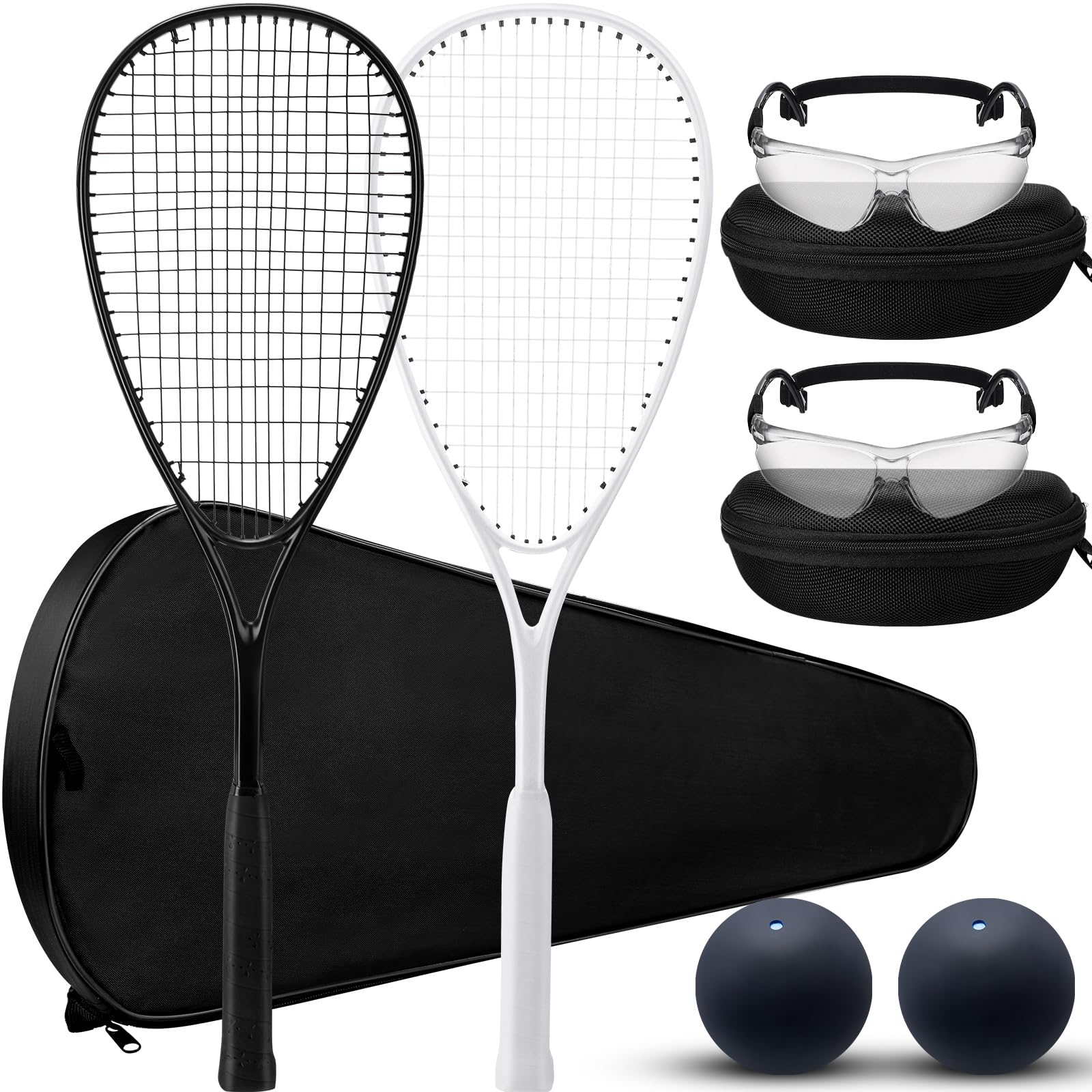 Seenelling 2 Pack Beginner Squash Racquet Set Includes 2 Racquets with Racket Bags 2 Anti Fog Goggles with Cases and 2 Blue Dot Squash Ball for Beginners Training Recreational Play(Black, White)