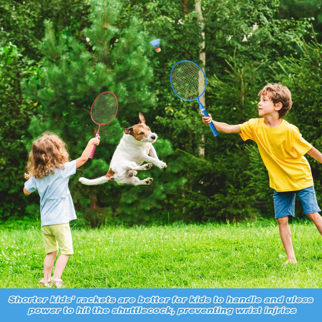 PULEEBO Kids Badminton Racket Set - Children Beginner Family Outdoor Camping Badminton Sport Game Steel Alloy Badminton Racket Including 4 Rackets 8 Shuttlecocks 1 Storage Bag