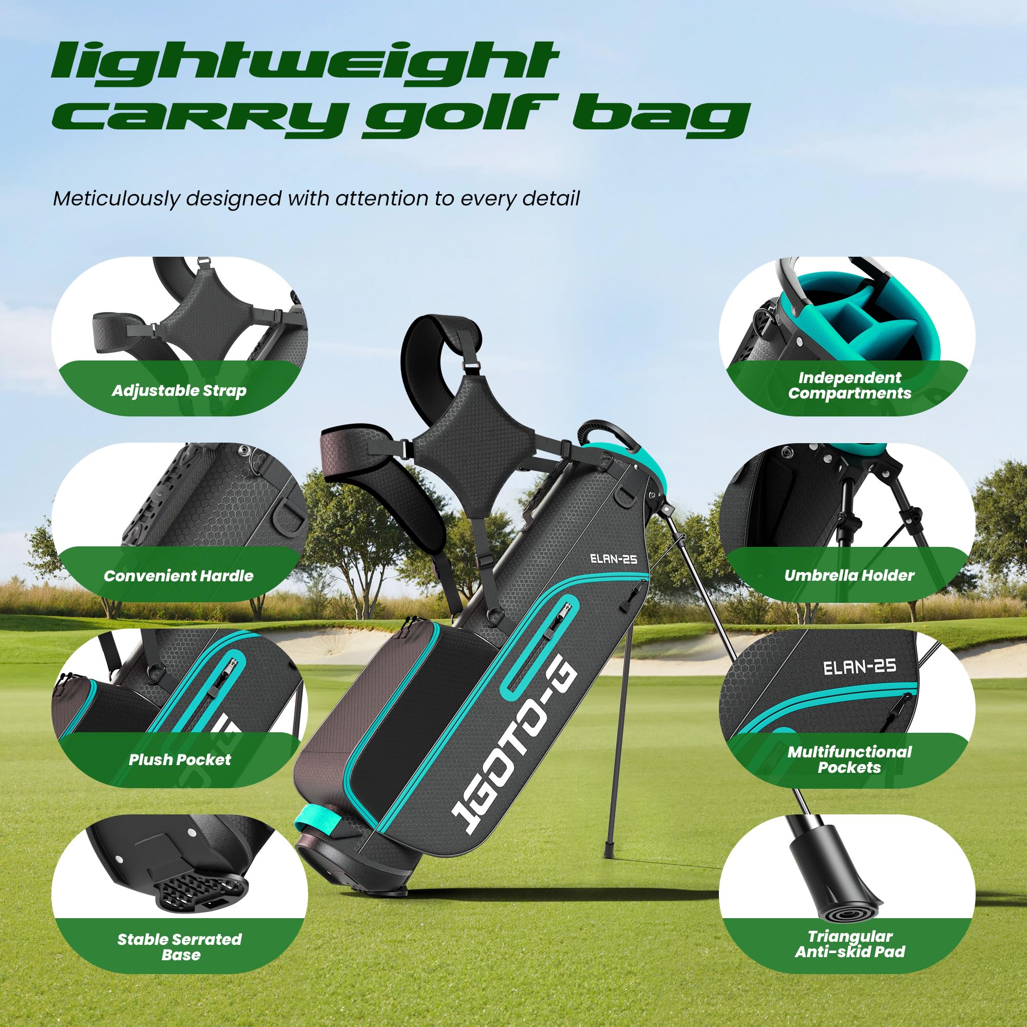 1GoTo-G 7 Pieces Golf Clubs Set for Men & Women - Complete Golf Clubs Full Set Includes Stand Bag with Rain Hood, 1# Driver, 5# Hybrid, 7# PW# Irons and Putter, Green - Women’s, Right