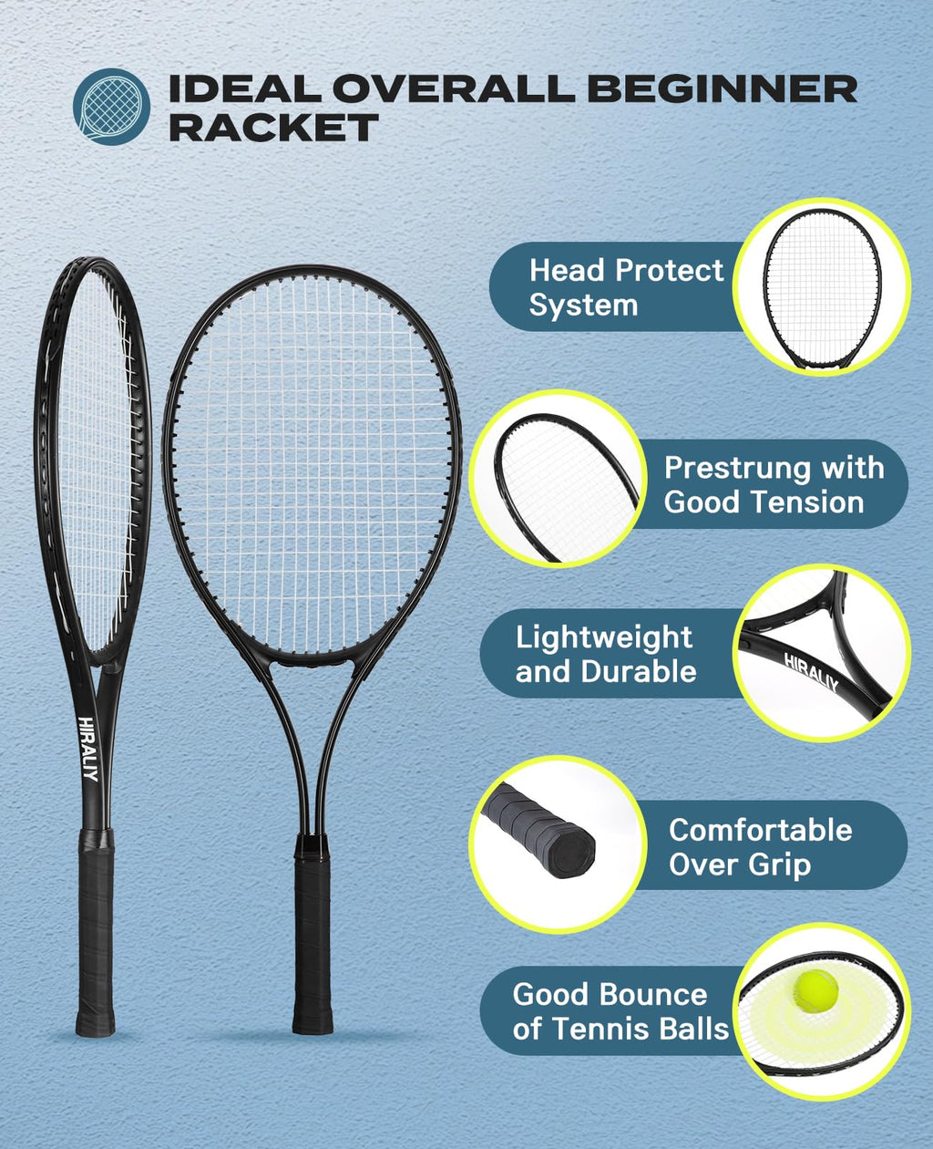 HIRALIY 27-Inch Tennis Rackets, 2 Pack with Balls, Overgrips and Bag, Black