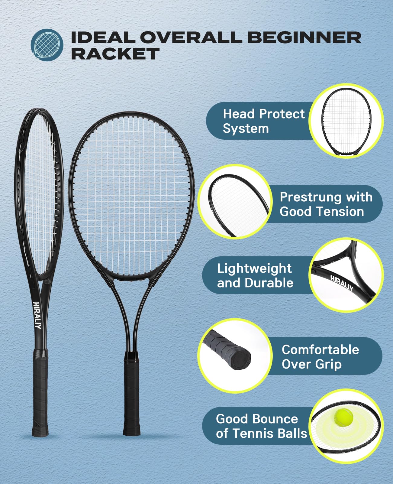 HIRALIY 27-Inch Tennis Rackets, 2 Pack with Balls, Overgrips and Bag, Black