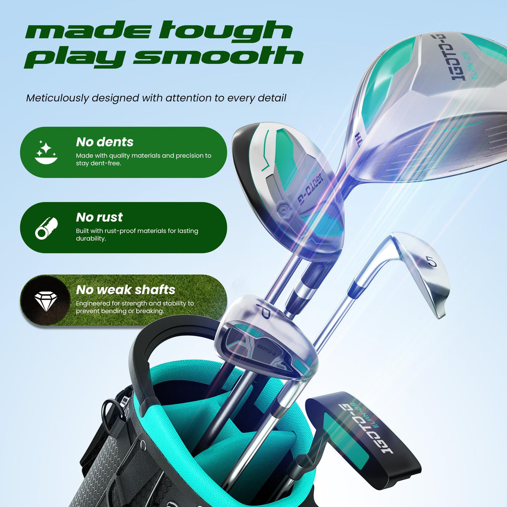 1GoTo-G 7 Pieces Golf Clubs Set for Men & Women - Complete Golf Clubs Full Set Includes Stand Bag with Rain Hood, 1# Driver, 5# Hybrid, 7# PW# Irons and Putter, Green - Women’s, Right